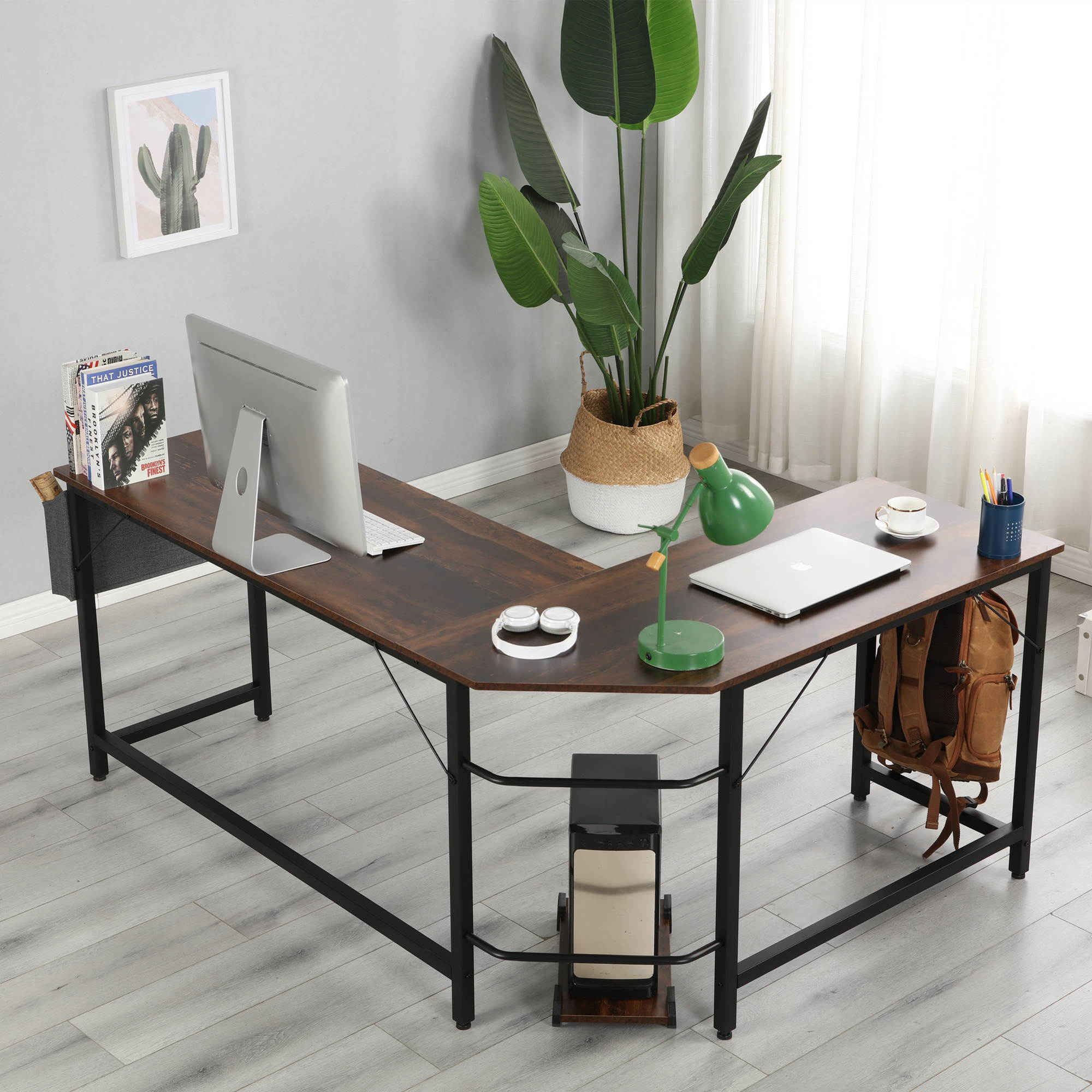 66" L Shape Desk Computer Desk Study Writing Table Home Office Desk Gaming Desk with Bag Hook and Cloth Drawer Storage Bag,Wood & Metal Pella Oak