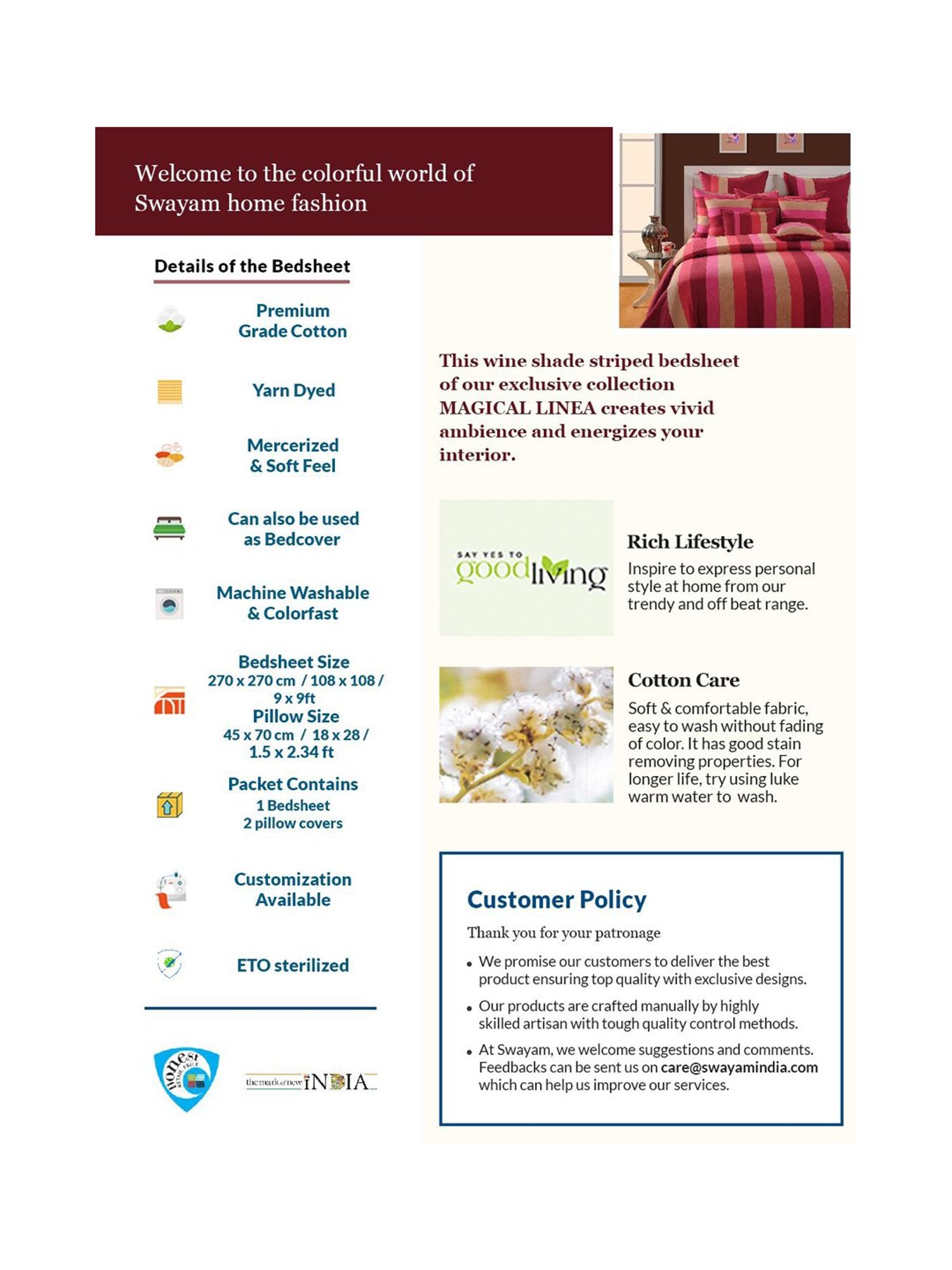 Swayam Stripes Red & Beige 180 TC Cotton King Bedsheet with 2 Pillow Covers