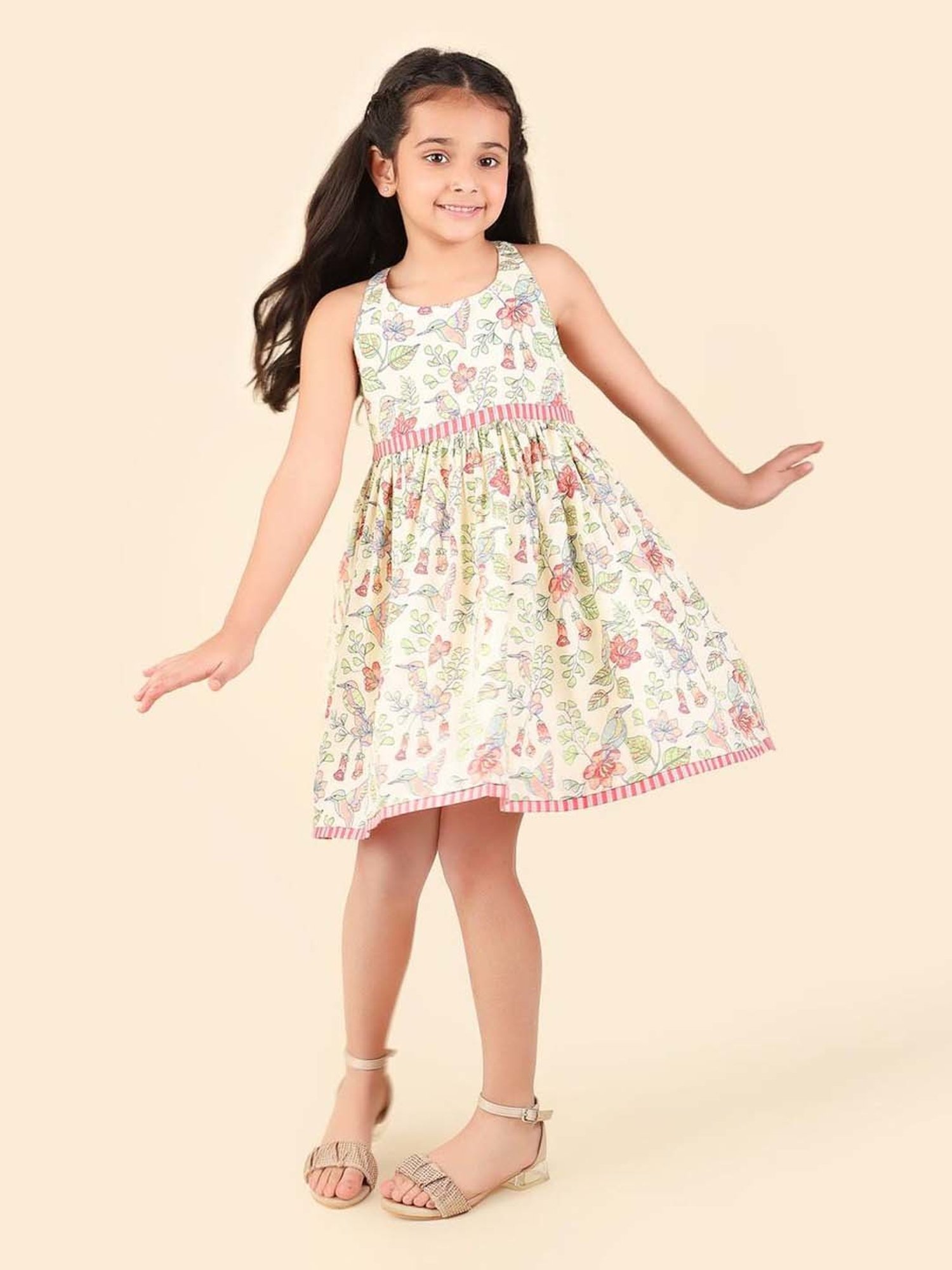 Fabindia Kids Off White Cotton Printed Dress