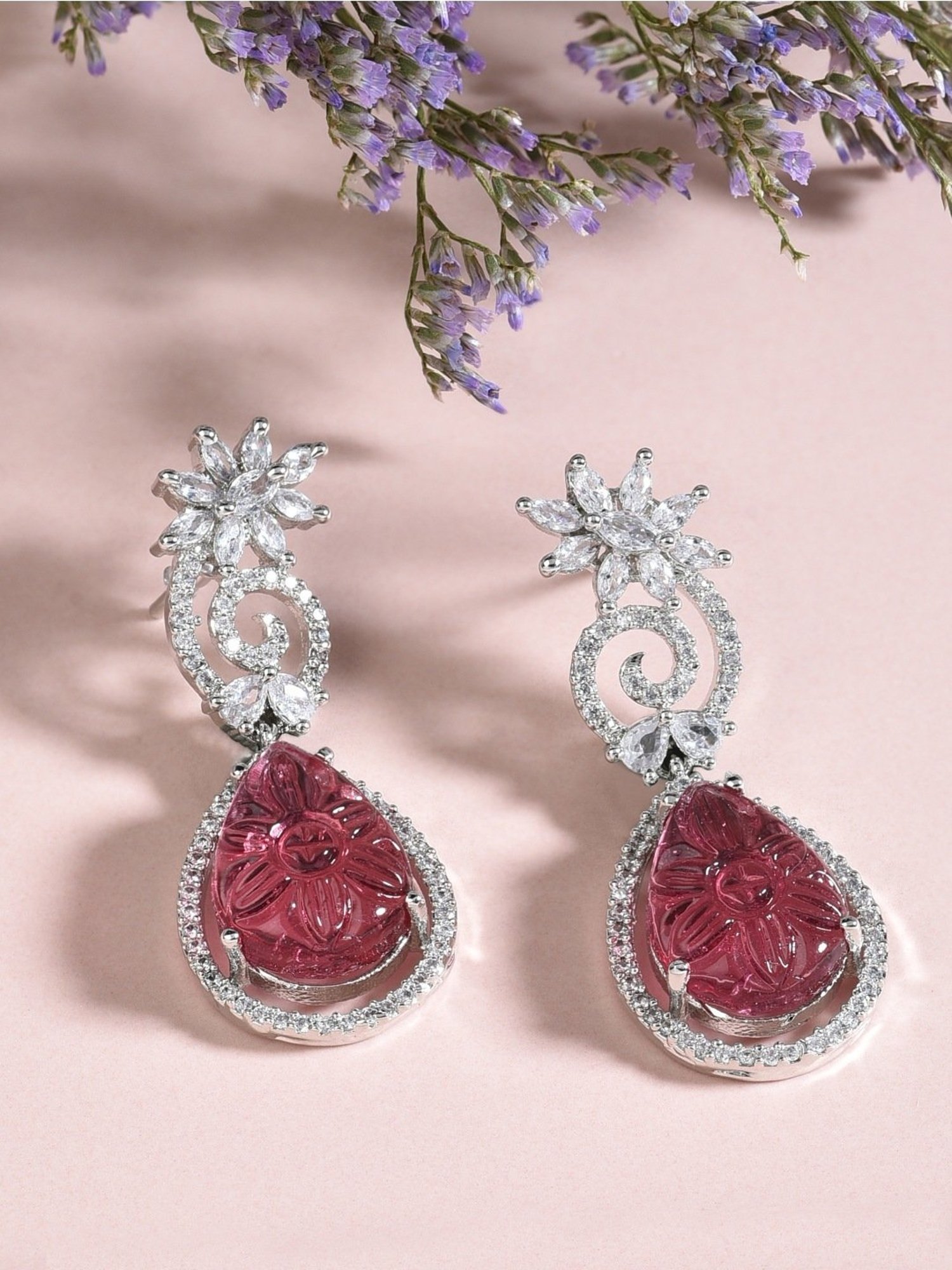 Zaveri Pearls Wine Stone Dazzling Cubic Zirconia Brass Contemporary Drop Earrings-ZPFK15822