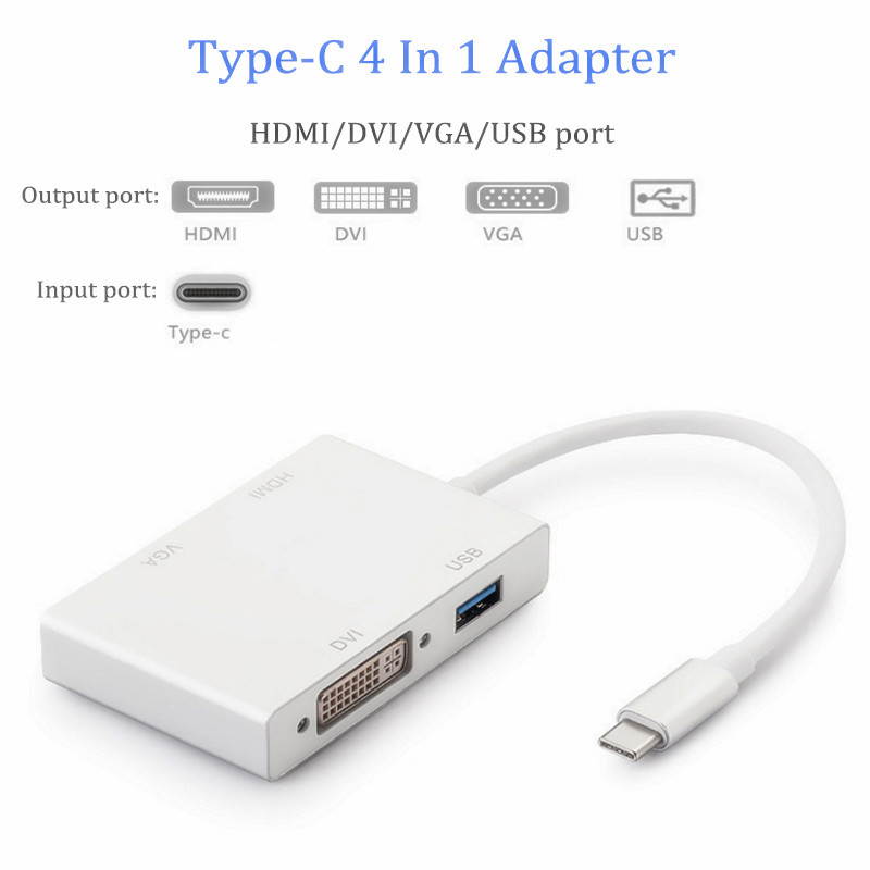 4 in 1 Type C Male to HDMI VGA DVI USB 3.0 Female Converter Adapter Support 4K 1080P for Macbook Google Chromebook Pixel