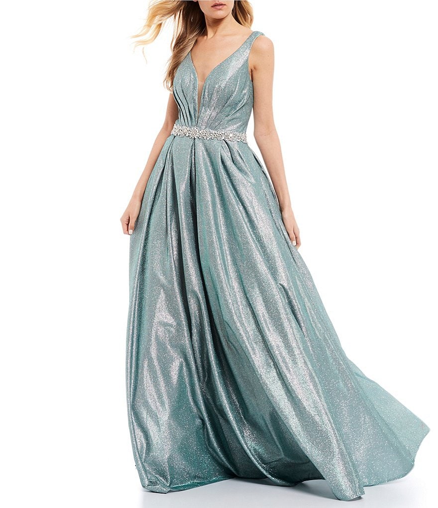 Coya Collection Plunging Neckline Glitter Metallic Ball Gown
