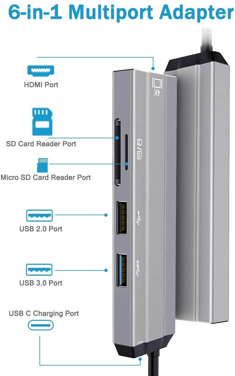 USB C Hub Multiport AdapterPRANITE 6-in-1 Portable Aluminum Dongle Docking Station with 4K 30Hz HDMI OutputUSB3.0/2.0 SD Card Reader Compatible for MacBook and More Type C Devices(Space Gray)