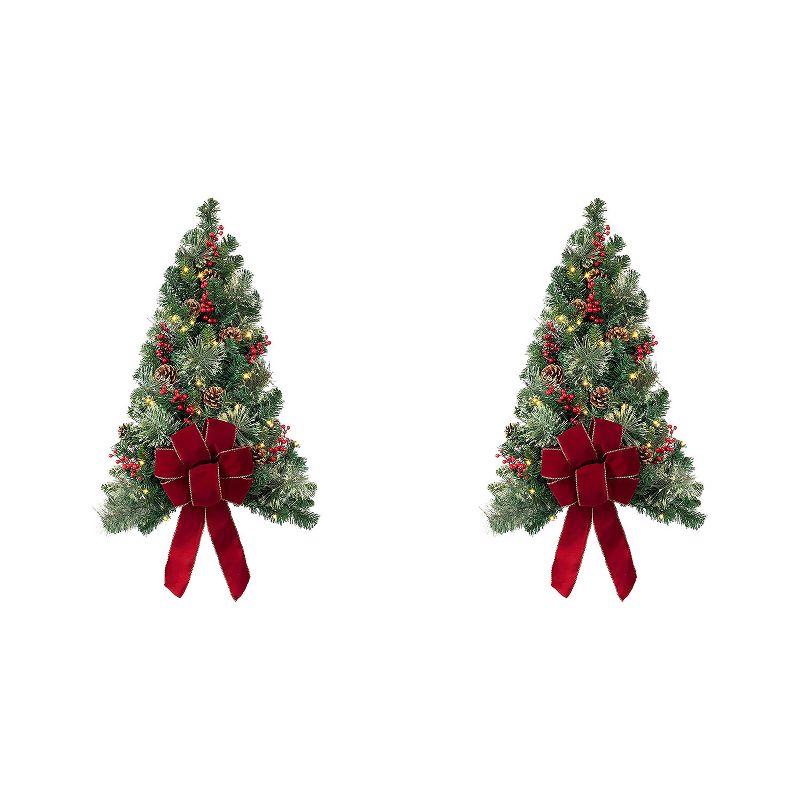 Haute Decor 28 Inch Pre Lit Easy Hanging Holiday Christmas Wall Tree Battery Operated with 50 Warm White LED Lights for Indoor or Outdoor Use (2 Pack)