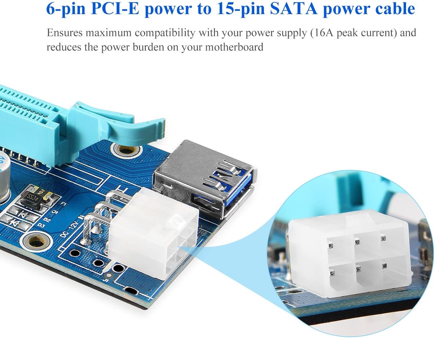 PCIe Riser, High Performance 1x to 16x Powered Riser Adapter Card for Bitcoin Litecoin ETH C oin Mining 6 PIN Powered PCIE Extension Cable GPU Riser Ethereum Mining ETH GPU Extension Cable - 6 Pack