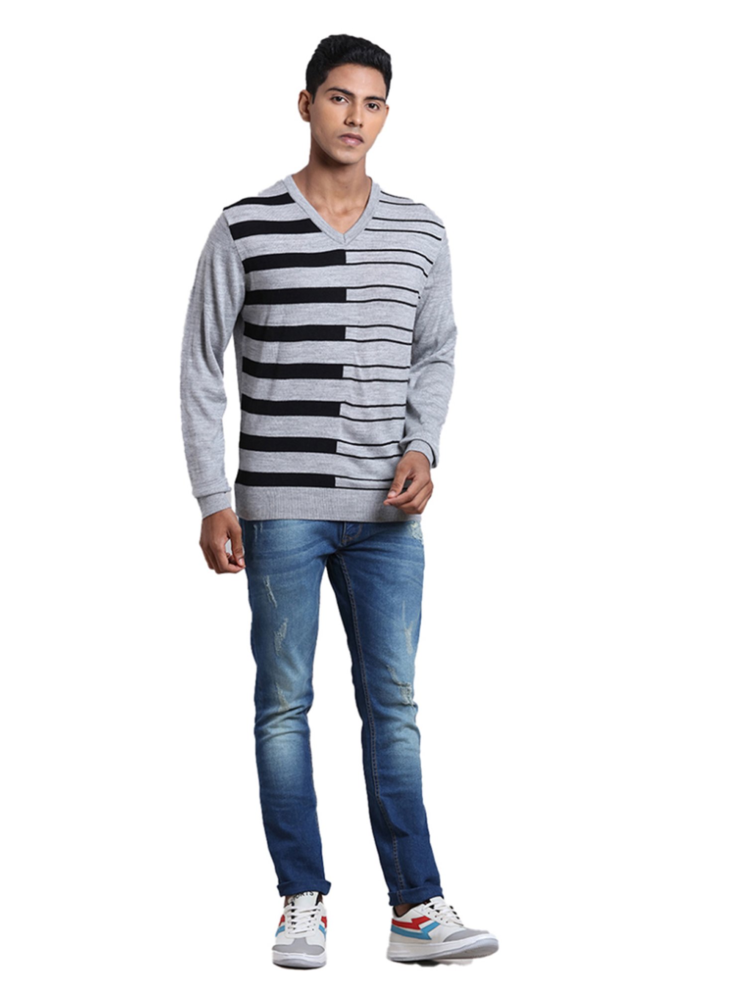 Parx Grey Regular Fit Striped Sweater