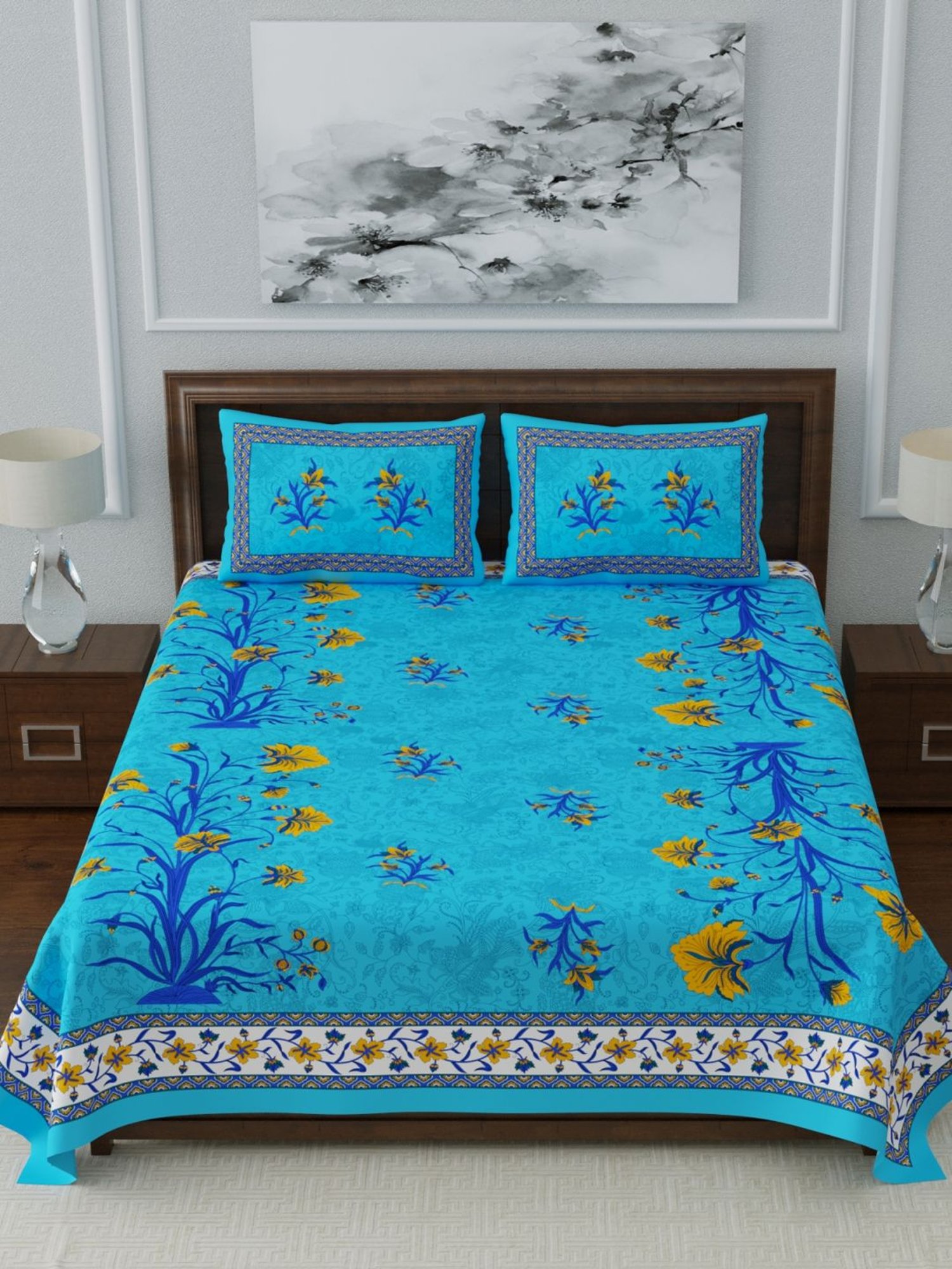 Living Roots Multicolor Jaipuri Printed Cotton Bed Sheet with 2 Pillow Cover