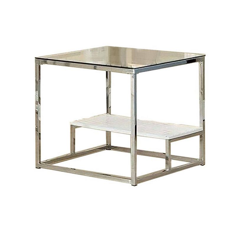 22" End Table with Glass Top and Groove Display Shelf Chrome - Benzara