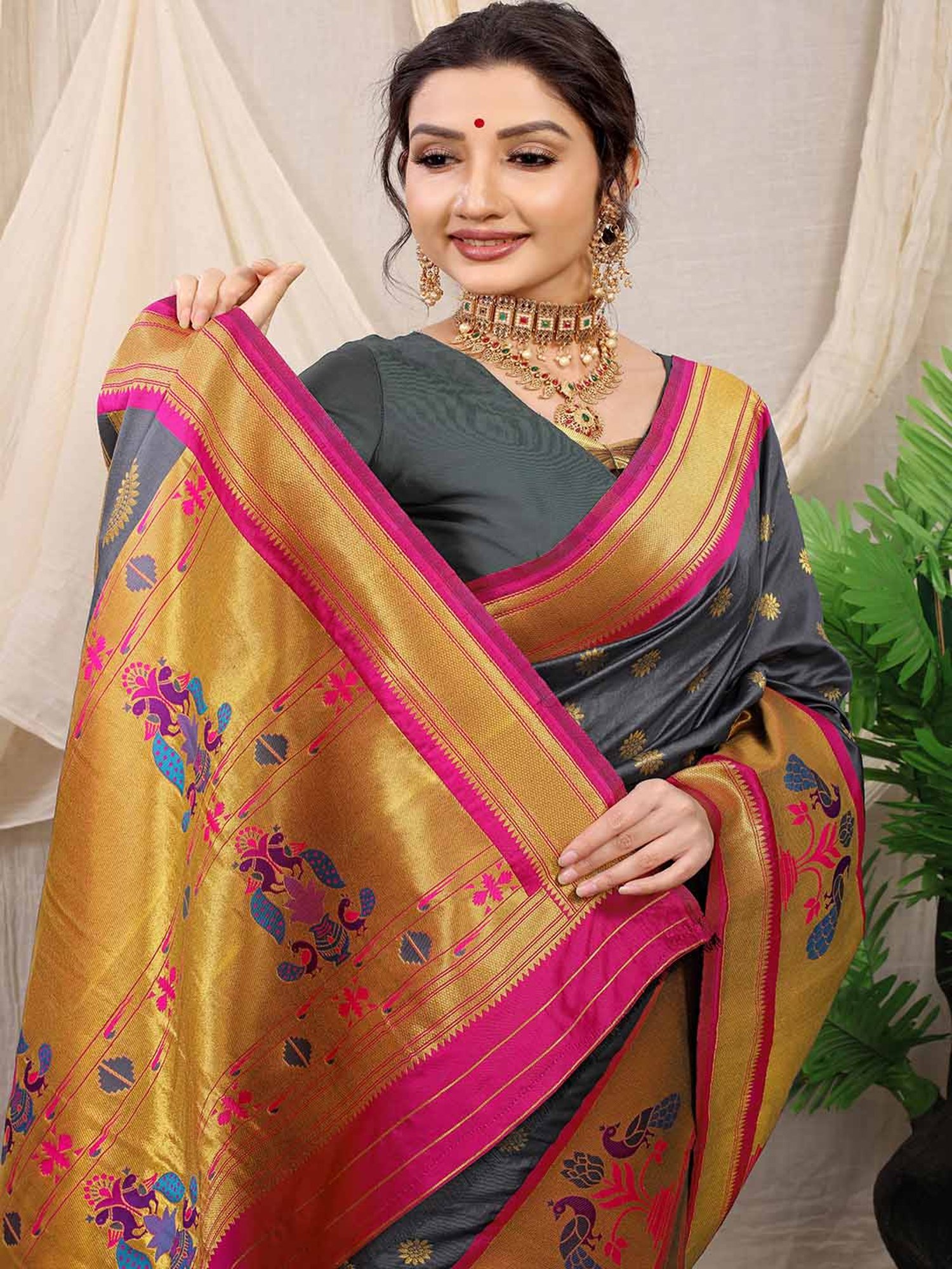 SHUBHKALA Grey Silk Woven Saree With Unstitched Blouse