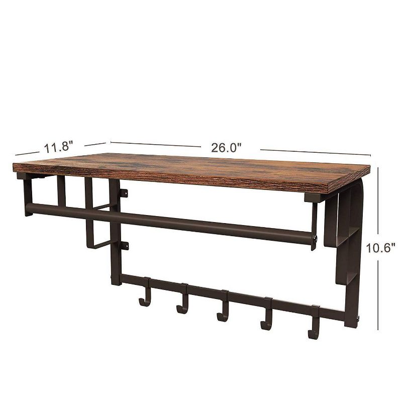 Metal Framed Wall Mounted Coat Rack with One Storage Shelf Brown and Black - Benzara