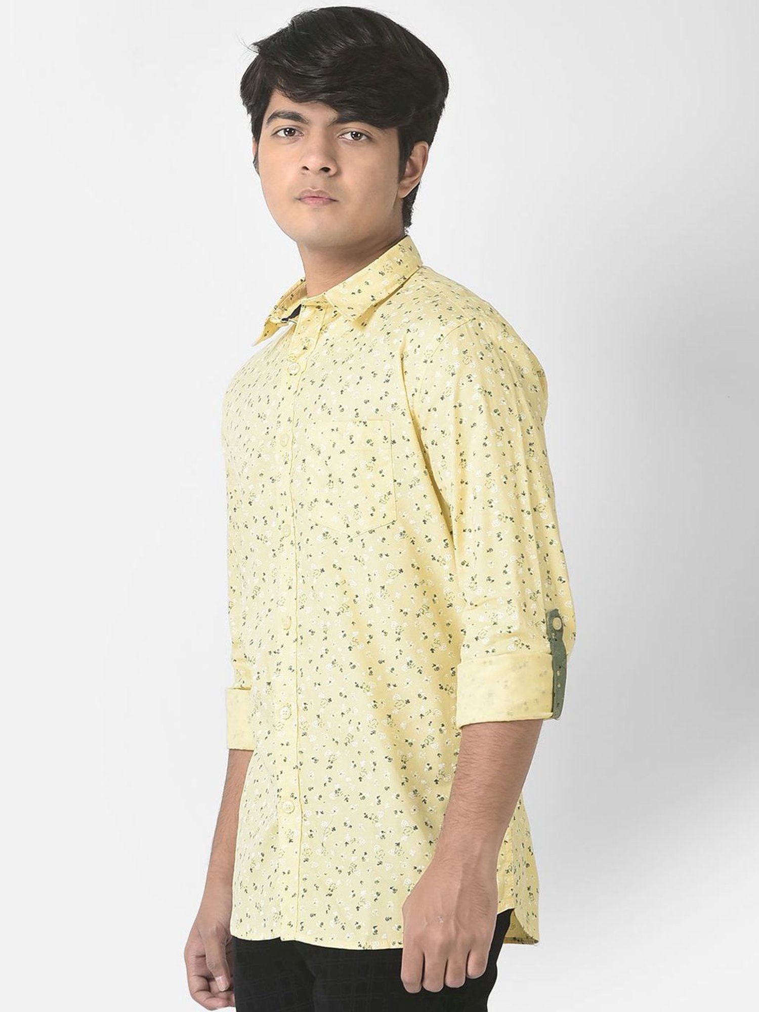 Crimsoune Club Kids Yellow Cotton Floral Print Full Sleeves Shirt