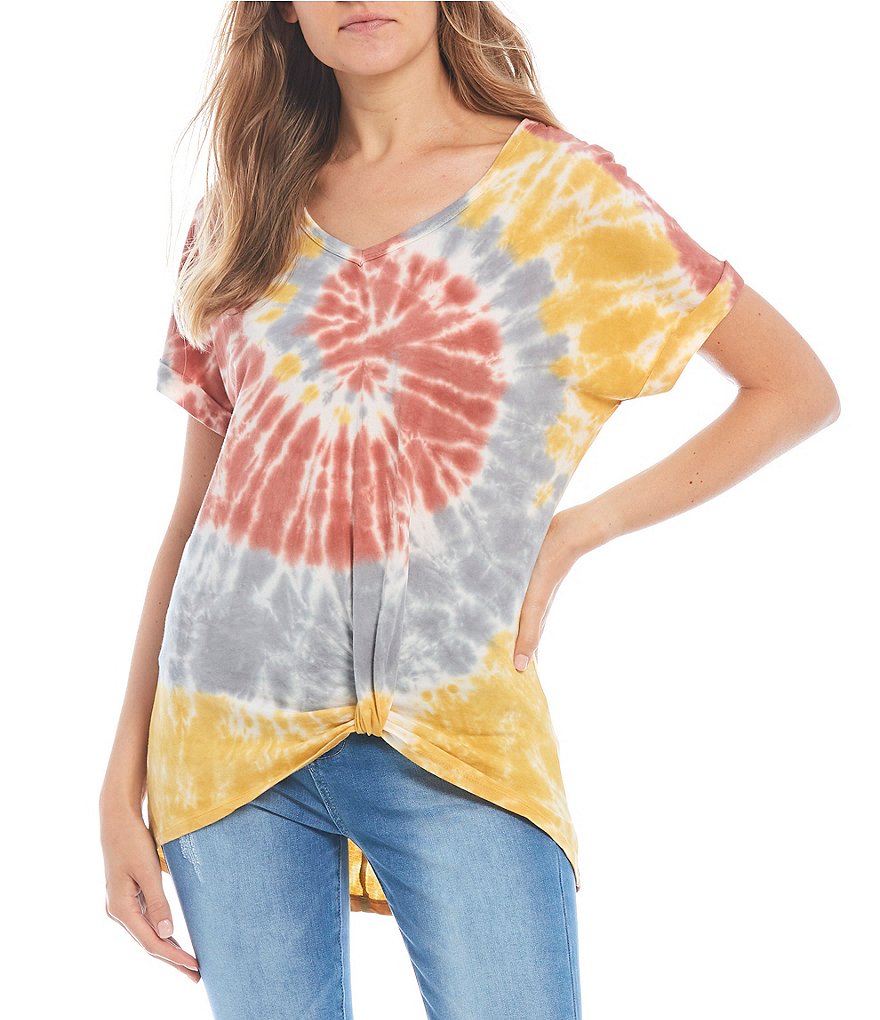 Miss Chievous Spiral Tie-Dye Twist Front Knit Tee