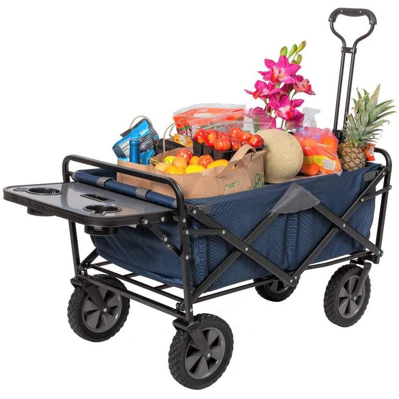 Mac Sports Heavy Duty Steel Frame Collapsible Folding 150 Pound Capacity Outdoor Garden Utility Wagon Yard Cart with Table and Cup Holders, Navy
