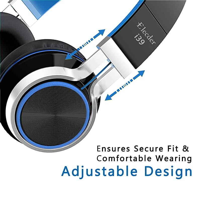 i39 Headphones with Microphone Foldable Lightweight Adjustable On Ear Headsets with 3.5mm Jack for Cellphones Computer MP3/4 Kindle School Blue/Black