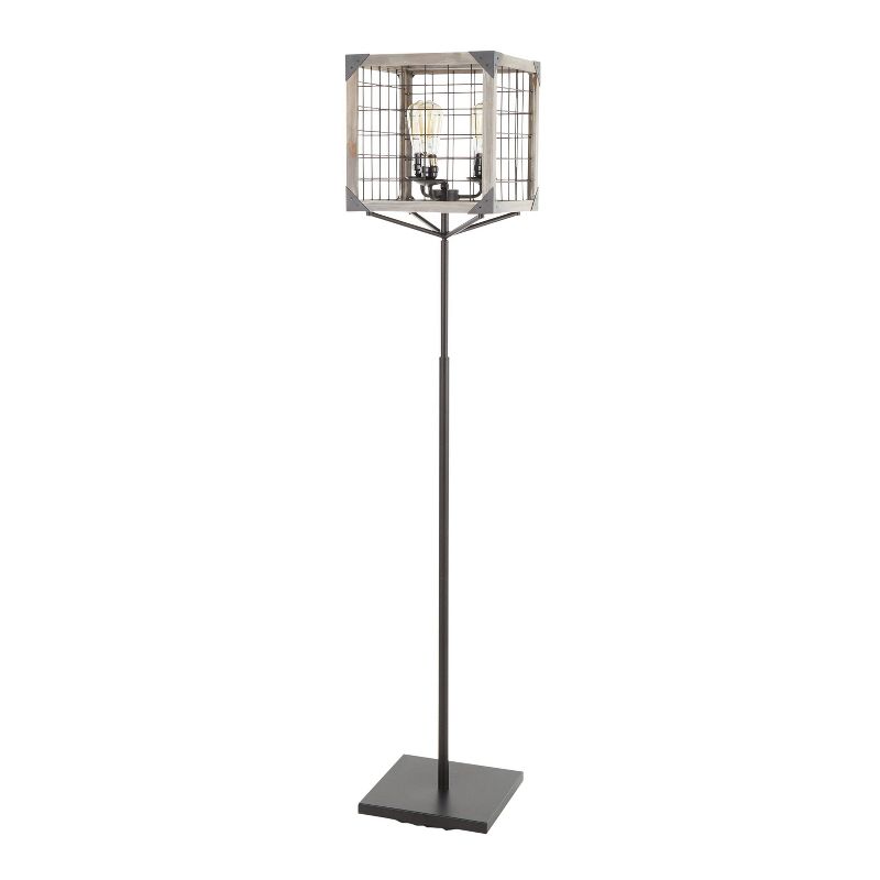 Orleans Industrial Floor Lamp with Metal and Wooden Wire Crate Shade Black (Includes LED Light Bulb) - LumiSource