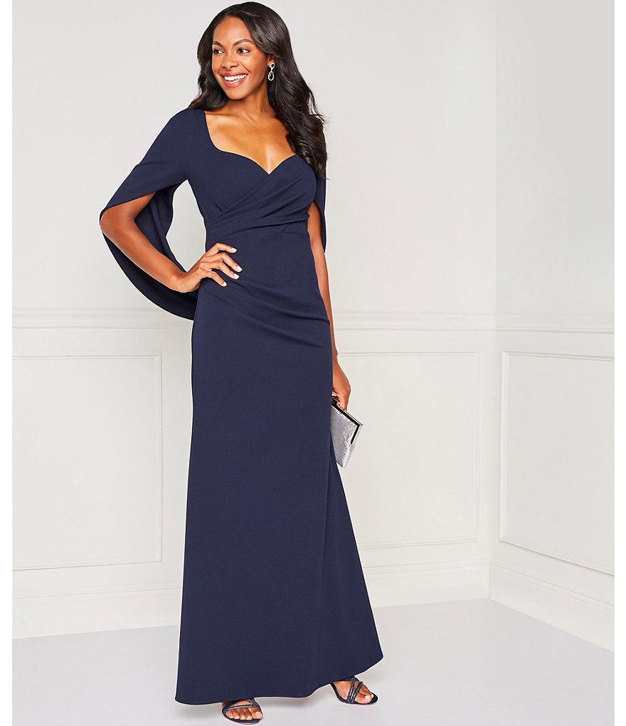Betsy & Adam Sweetheart Neck Cowl Back Short Drape Sleeve Scuba Crepe Gown