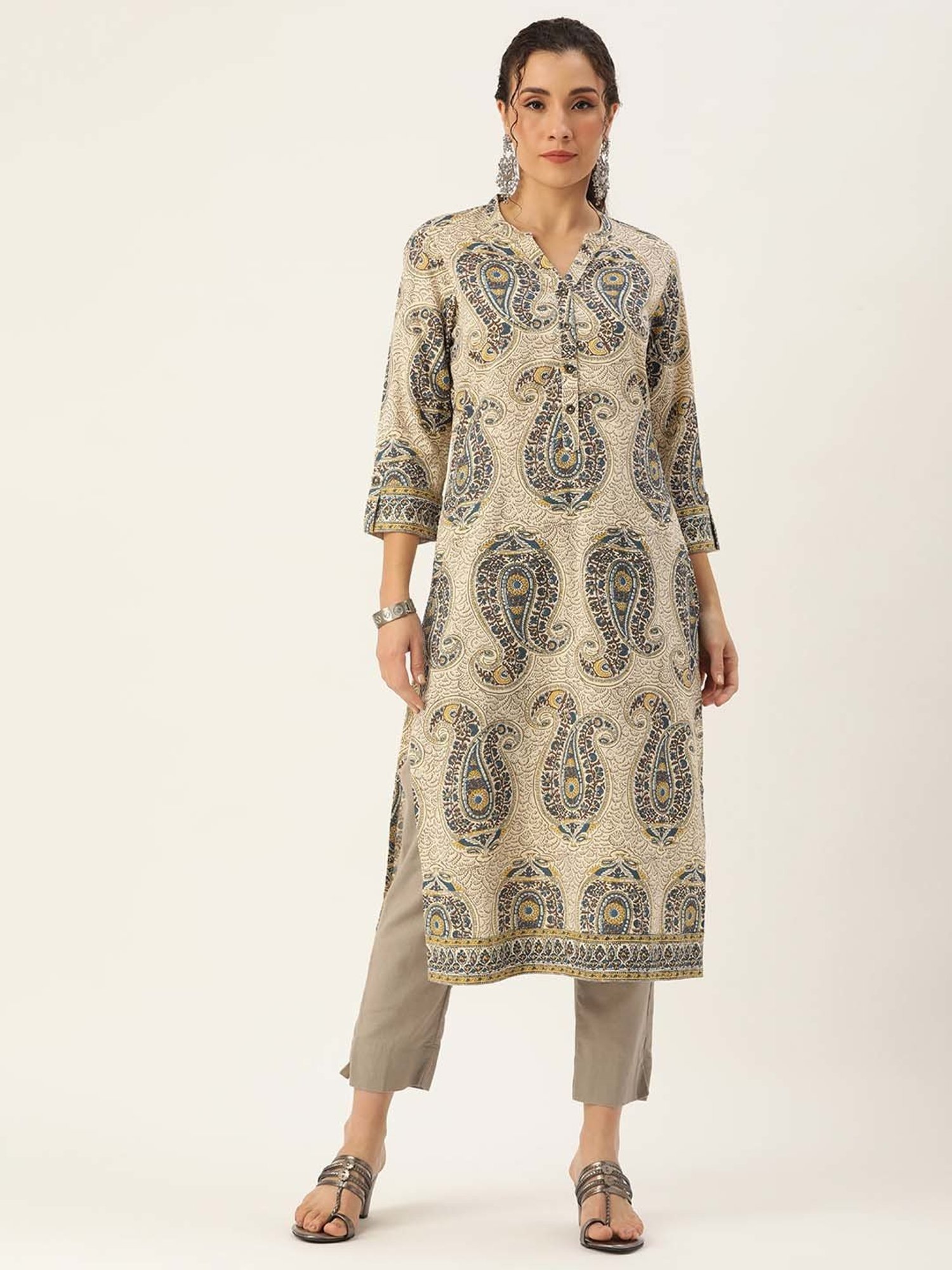 Amukti Beige Printed A Line Kurta