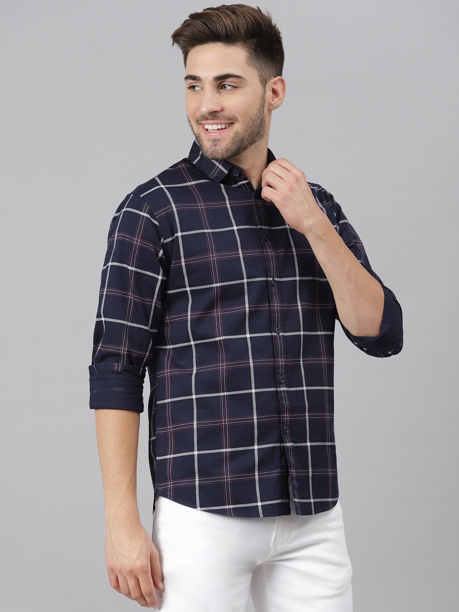 Dennis Lingo Navy Cotton Slim Fit Checks Shirt