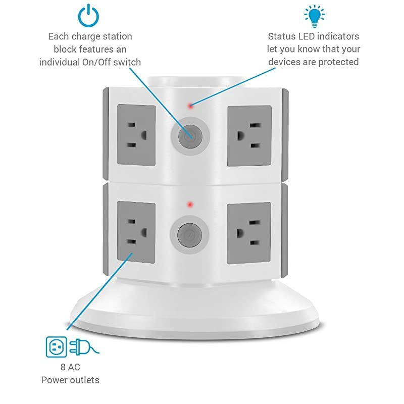 Surge Protector Power Tower 8 Outlets Family Multi Charging Station with Smart Charge Tech for iPhone iPad Galaxy All Devices Black