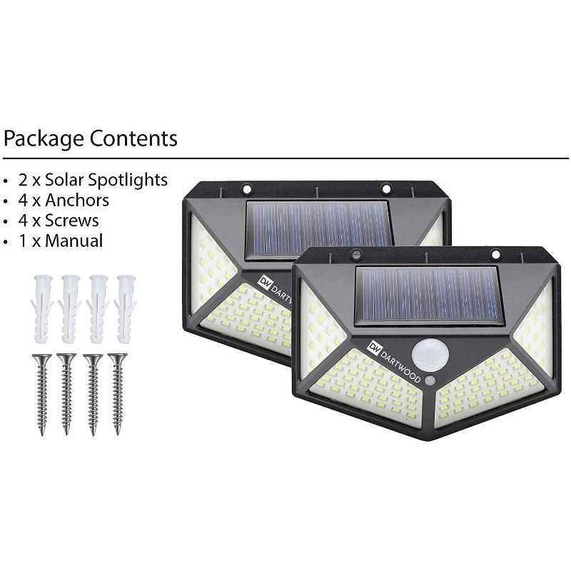 Dartwood Outdoor Solar Lights with Motion Sensor, 100 LED, 450 Lumens Bright Weatherproof Wall Spotlight for Gardens Porches Walkways Patios (2 Pack)