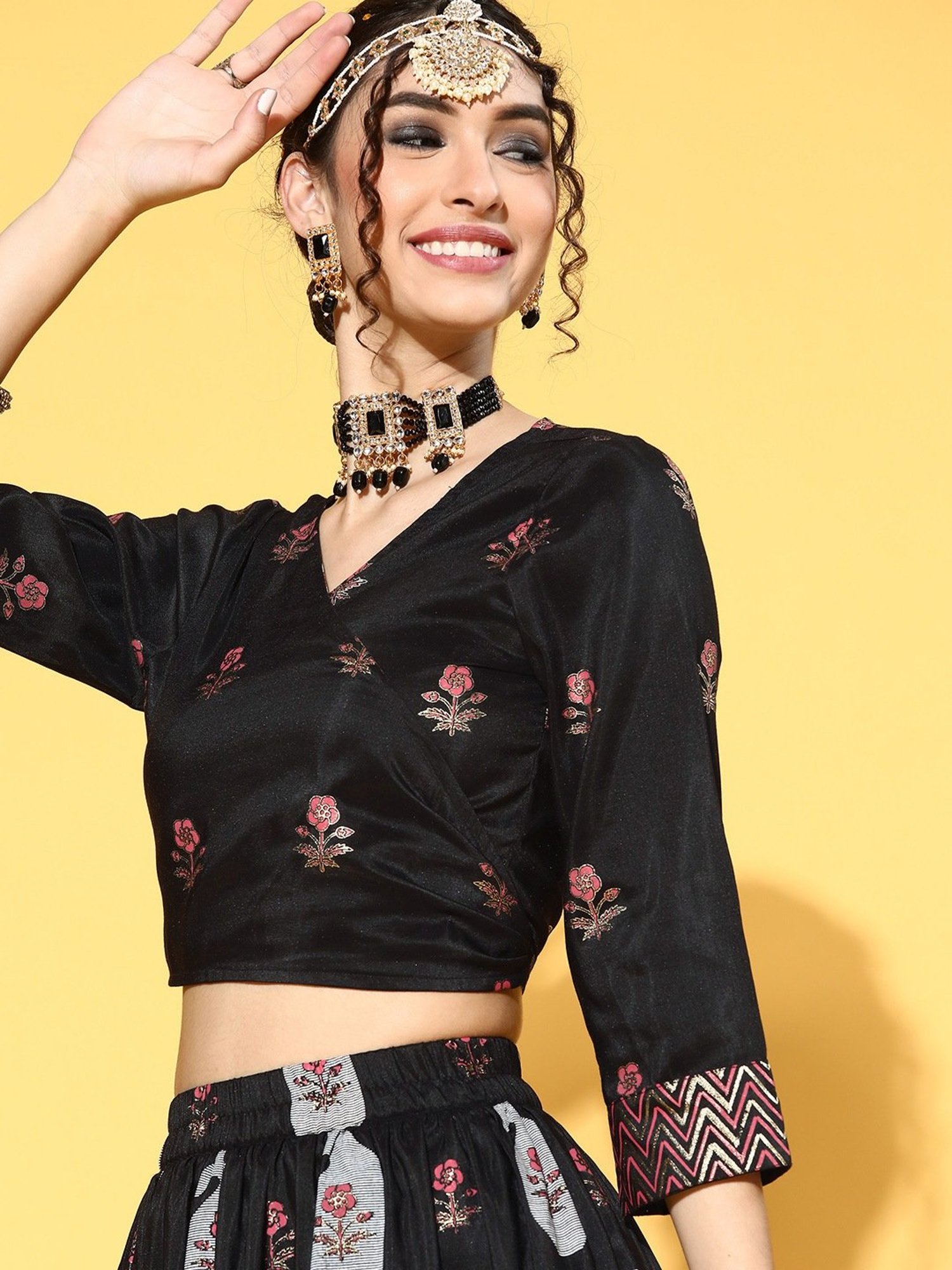 Ziyaa Black Floral Print Crop Top Skirt Set