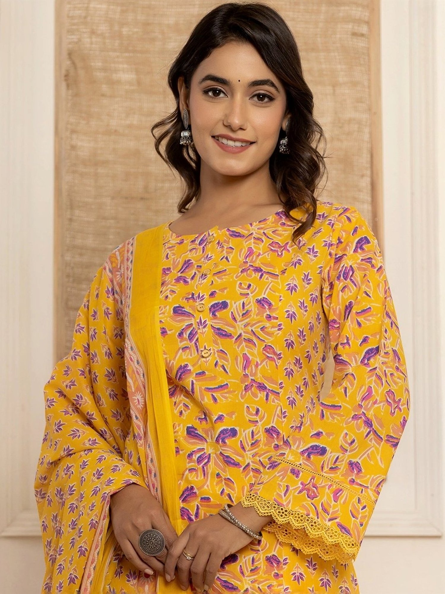 Yufta Yellow Cotton Printed Kurta Pant Set With Dupatta