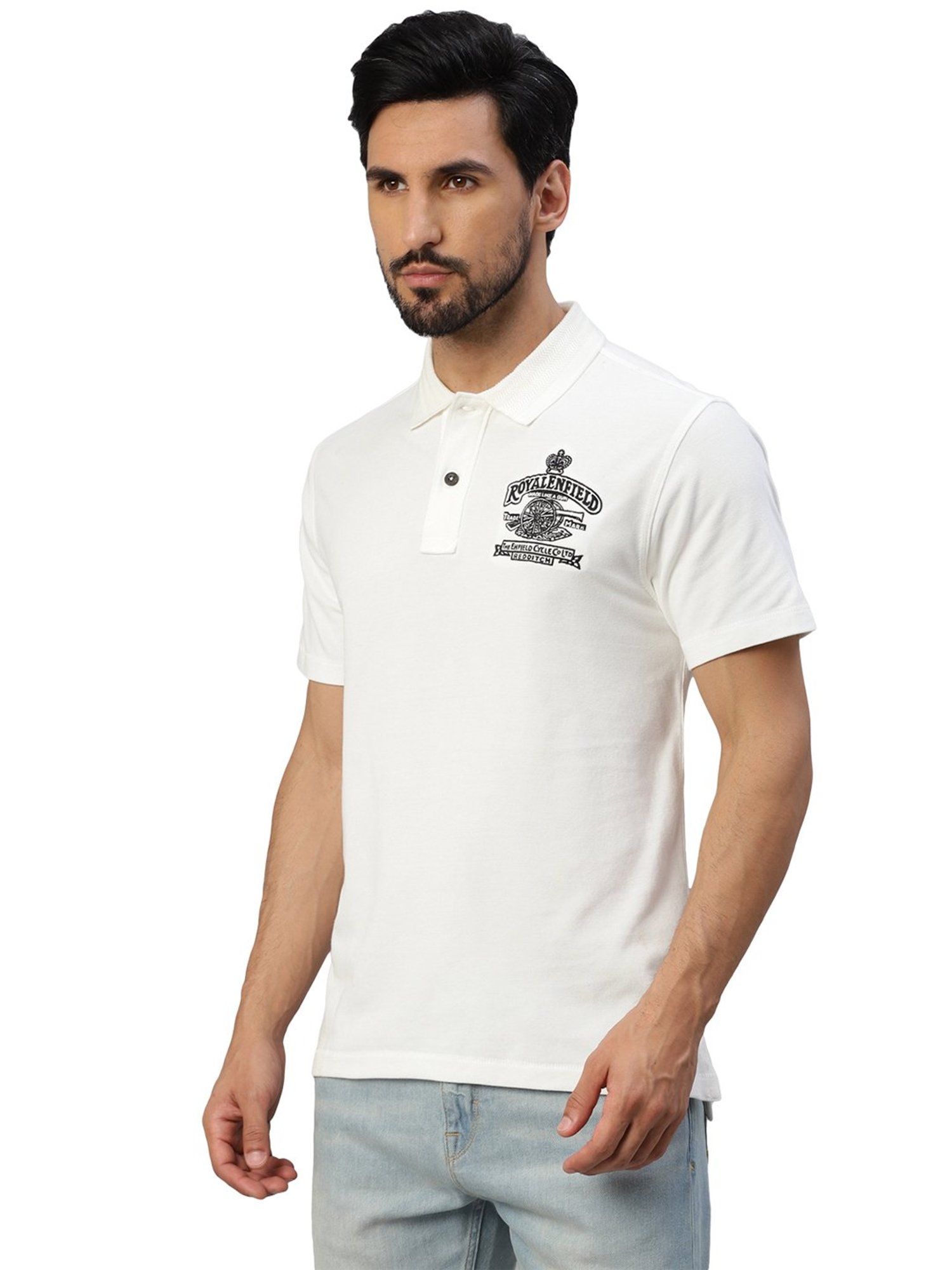 Royal Enfield Vintage Voyage White Regular Fit Printed Polo T-Shirt