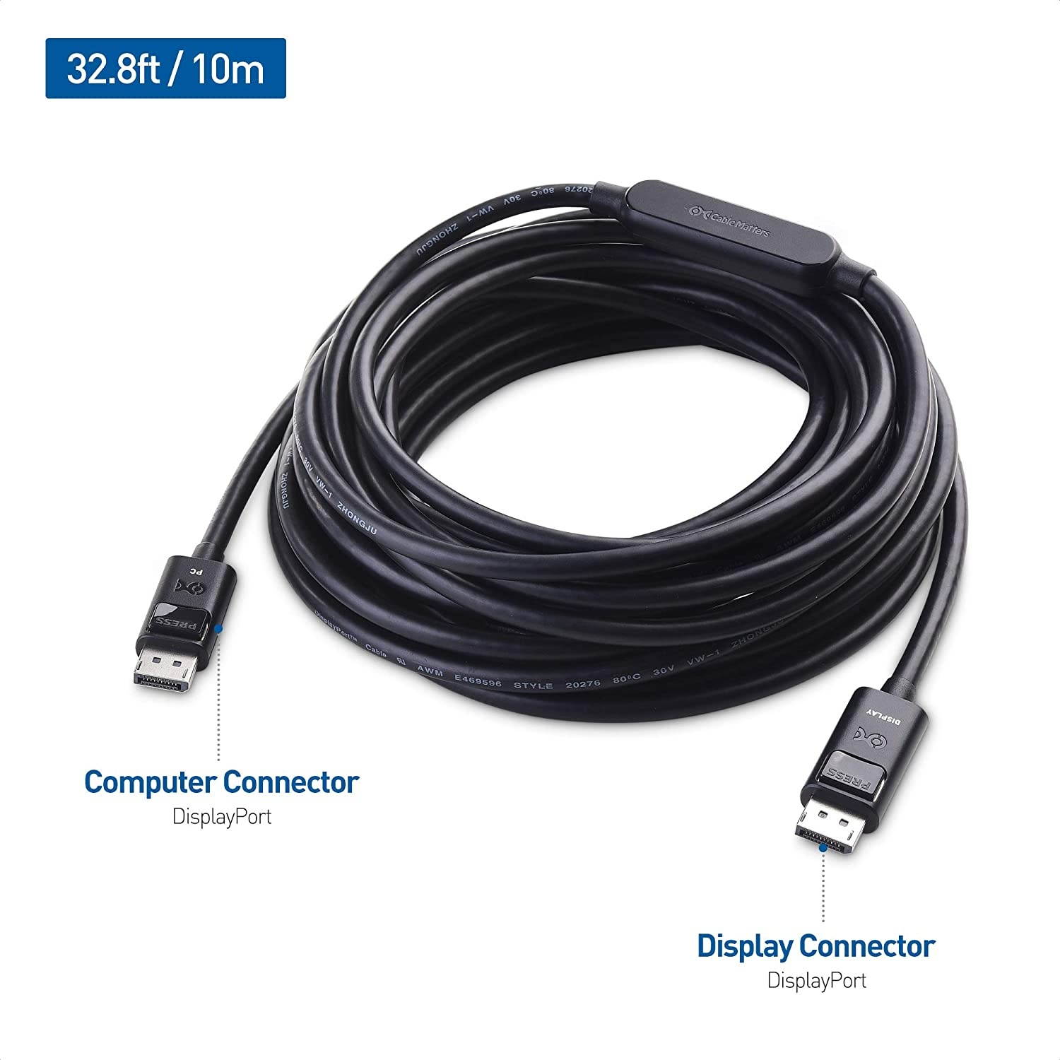 Cable Matters Unidirectional Active DisplayPort Cable (DisplayPort 1.4 Cable) with 8K 60Hz Video and HDR Support in 33 ft / 10m