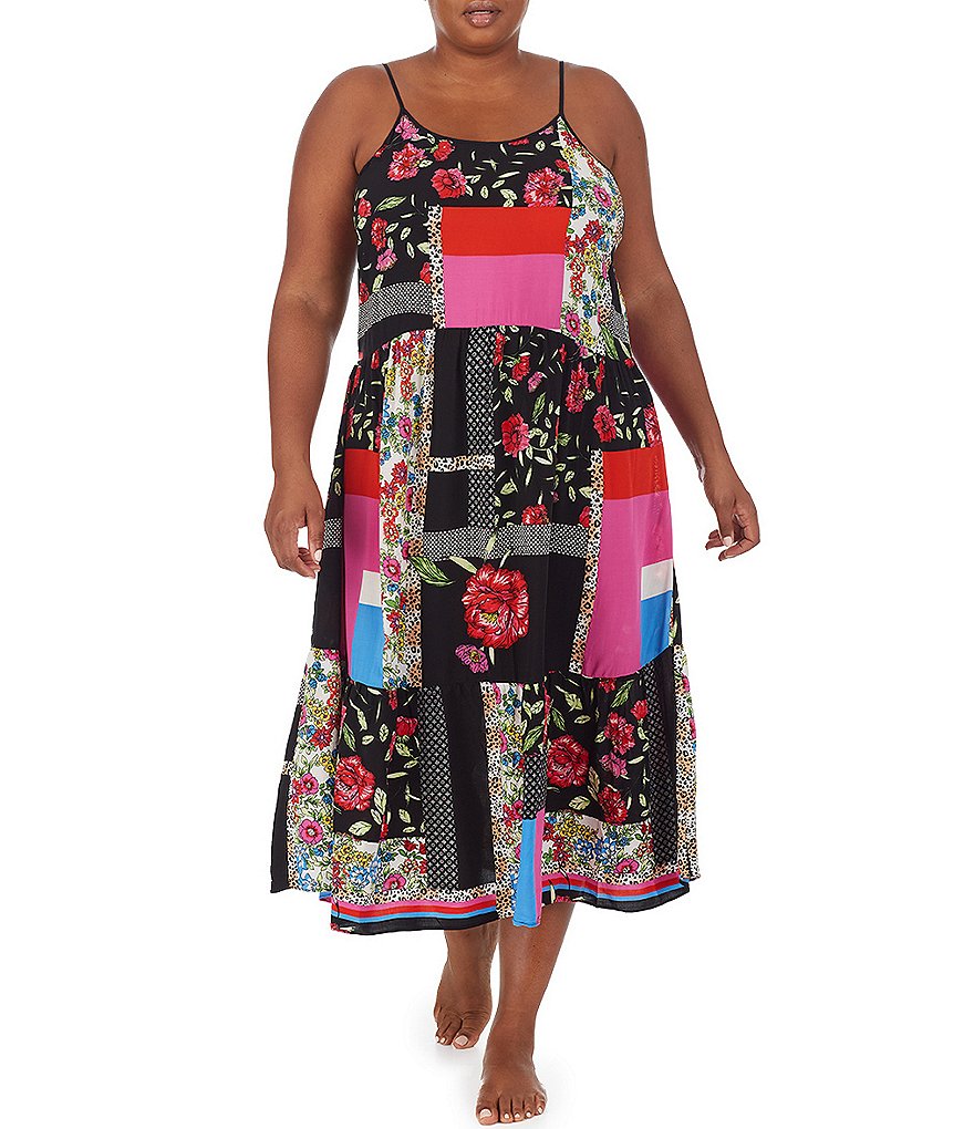 Kensie Plus Mixed Patch Printed Maxi Woven Chemise