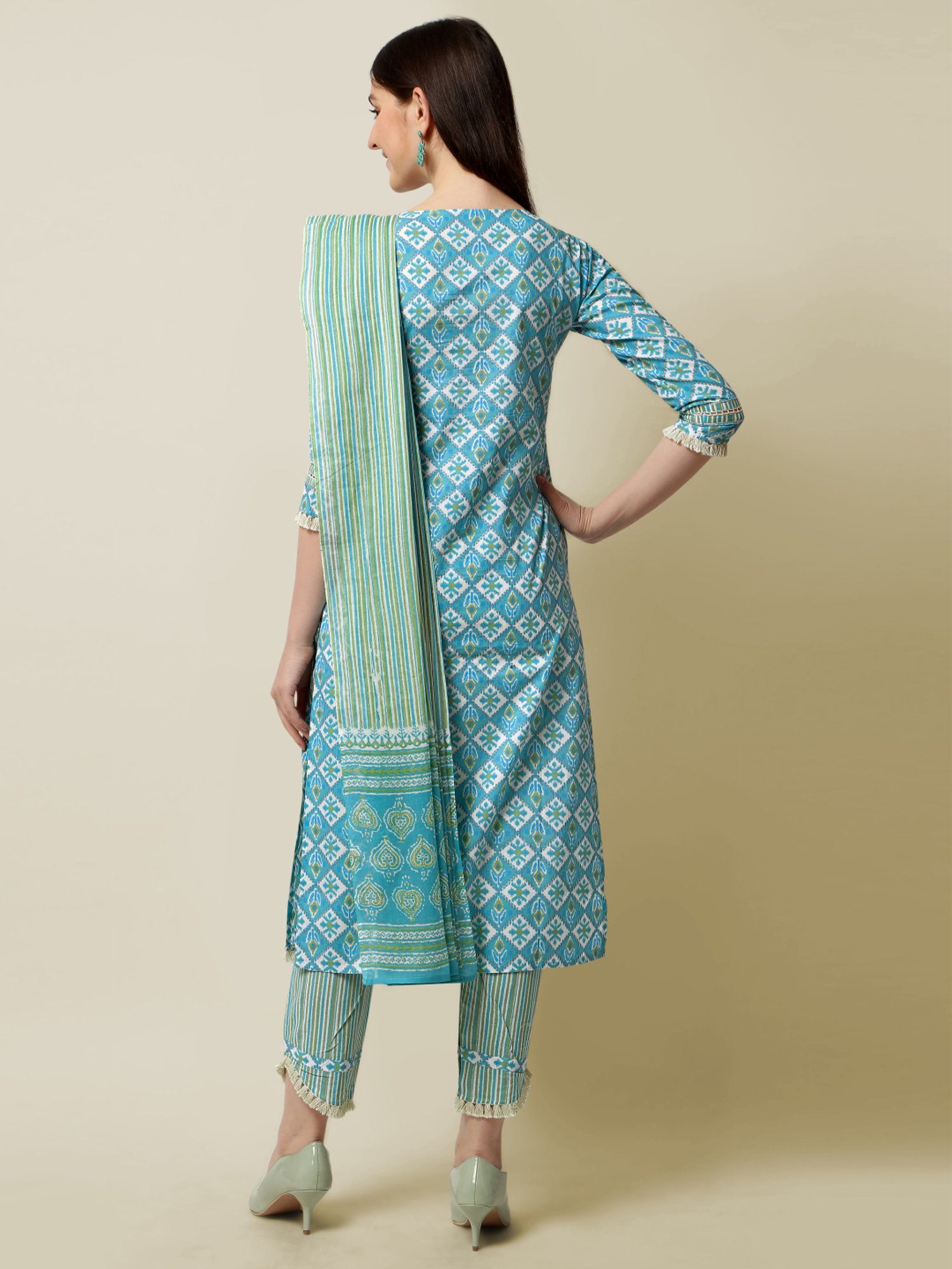 MIRCHI FASHION Aqua Blue Cotton Embellished Kurta Pant Set With Dupatta
