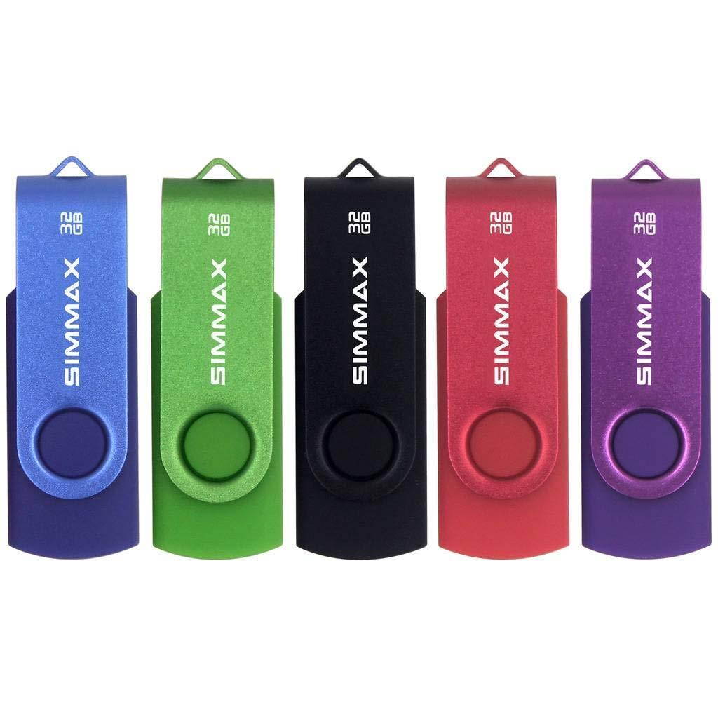 SIMMAX USB Flash Drives 5 Pack 32GB Memory Stick Swivel Design USB 2.0 Flash Drive Thumb Drive Zip Drives (32GB Blue Green Black Red Purple)