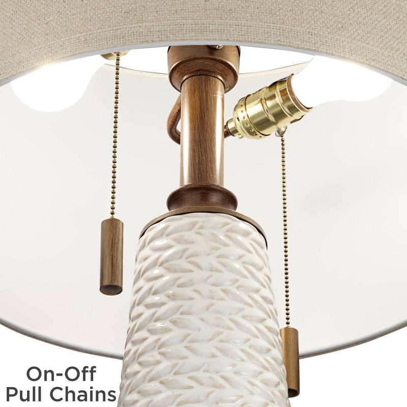 Possini Euro Design Mid Century Modern Table Lamp White Ceramic Taupe Drum Shade for Living Room Bedroom Bedside Nightstand Office