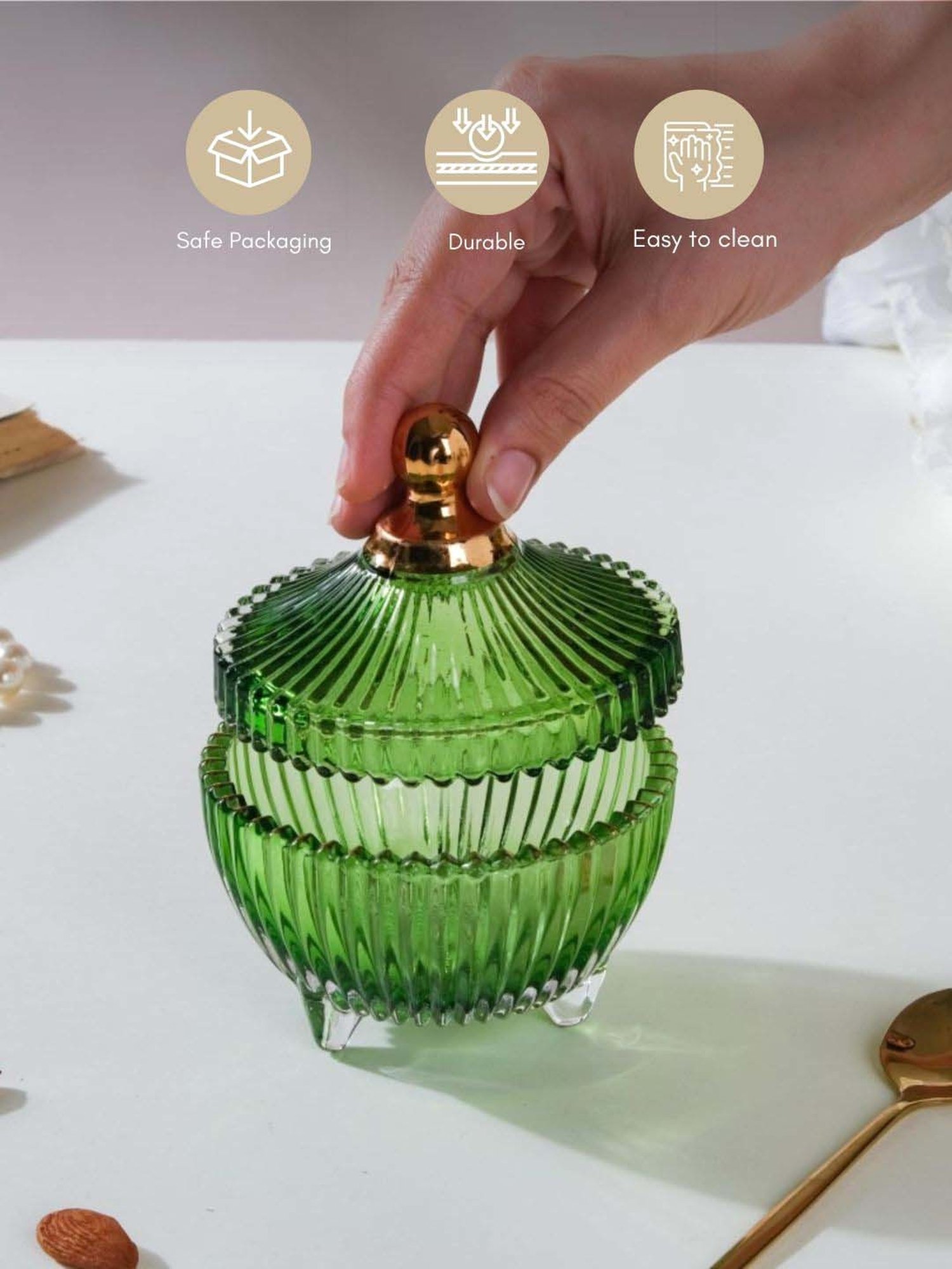 Nestasia vintage ribbed green small glass jar with knobbed Lid for housewarming Party (100 ml)