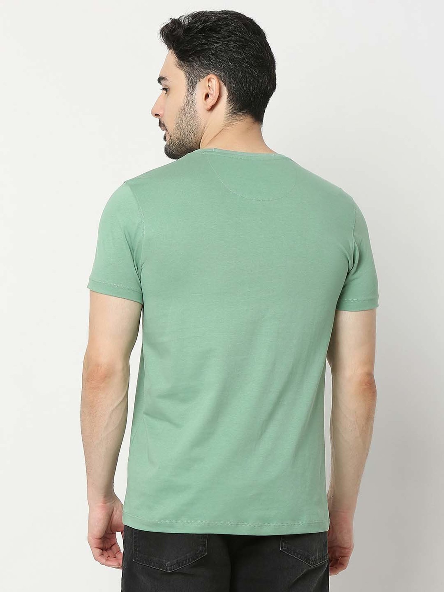 UnderJeans by Spykar Green Regular Fit Printed Cotton Crew T-Shirt