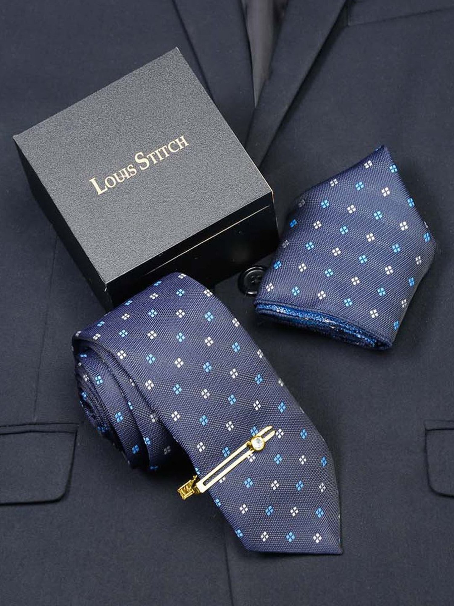 Louis Stitch Blue Printed Necktie Gift Set - Set of 3