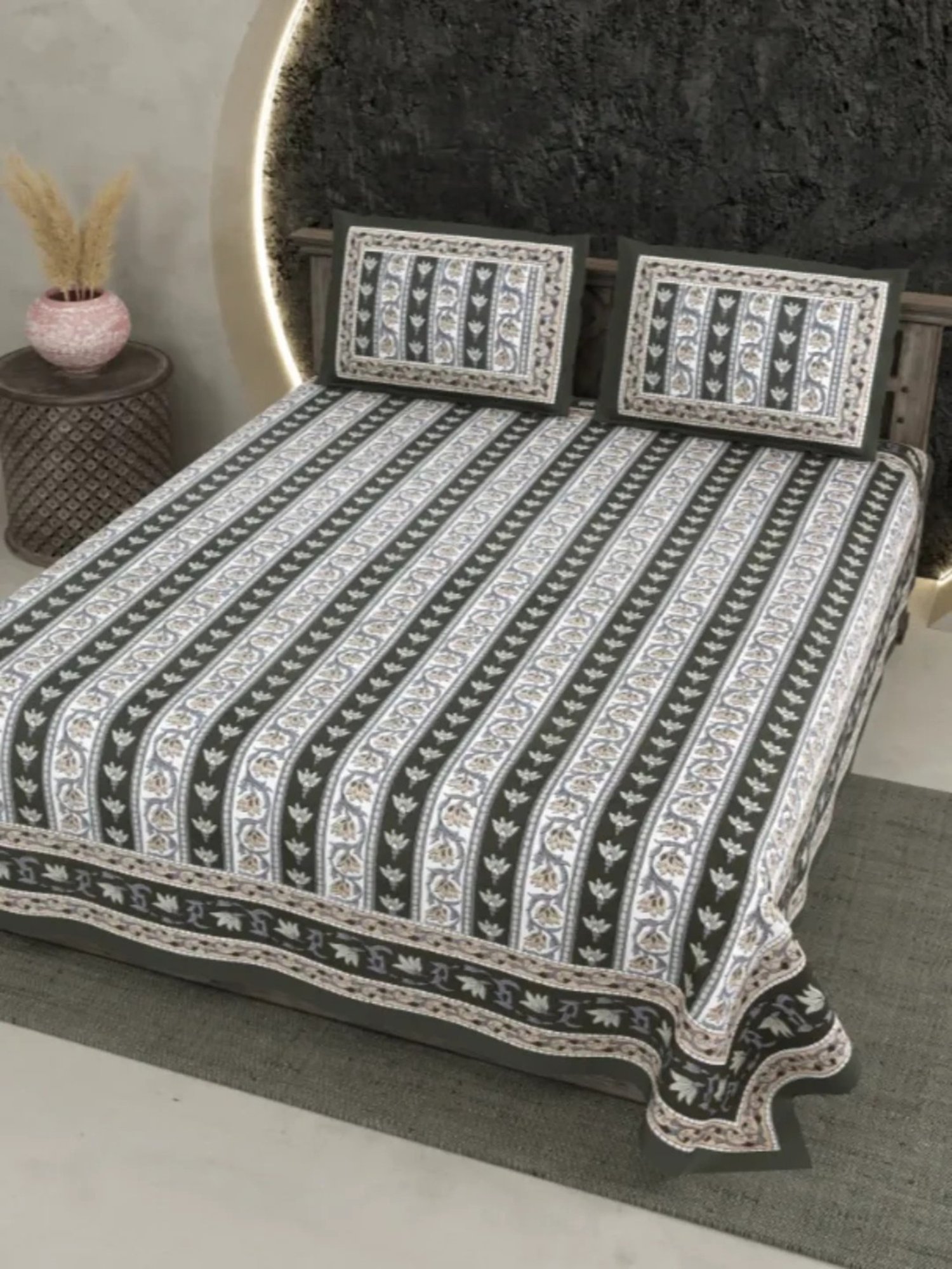 Living Roots Floral Grey 300 TC Cotton Bedsheet with 2 Pillow Covers