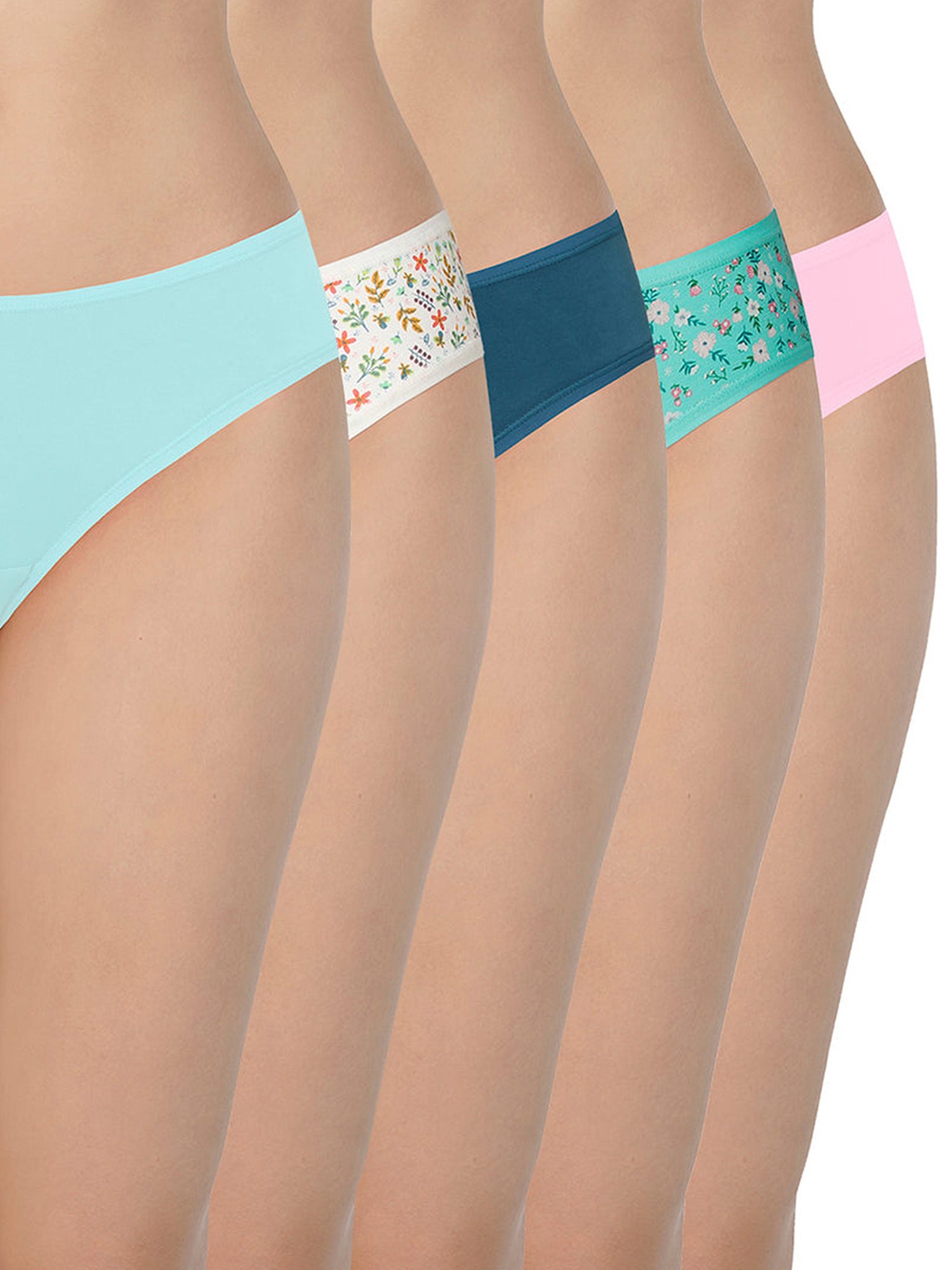 Amante Sea Green & White Cotton Floral Print Bikini Panties - Pack Of 5