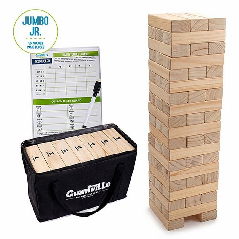 Giantville Indoor Outdoor Backyard Giant 56 Piece Jumbo Junior Solid Pine Hardwood Tumbling Timber Block Toy Tower Game with Storage Bag