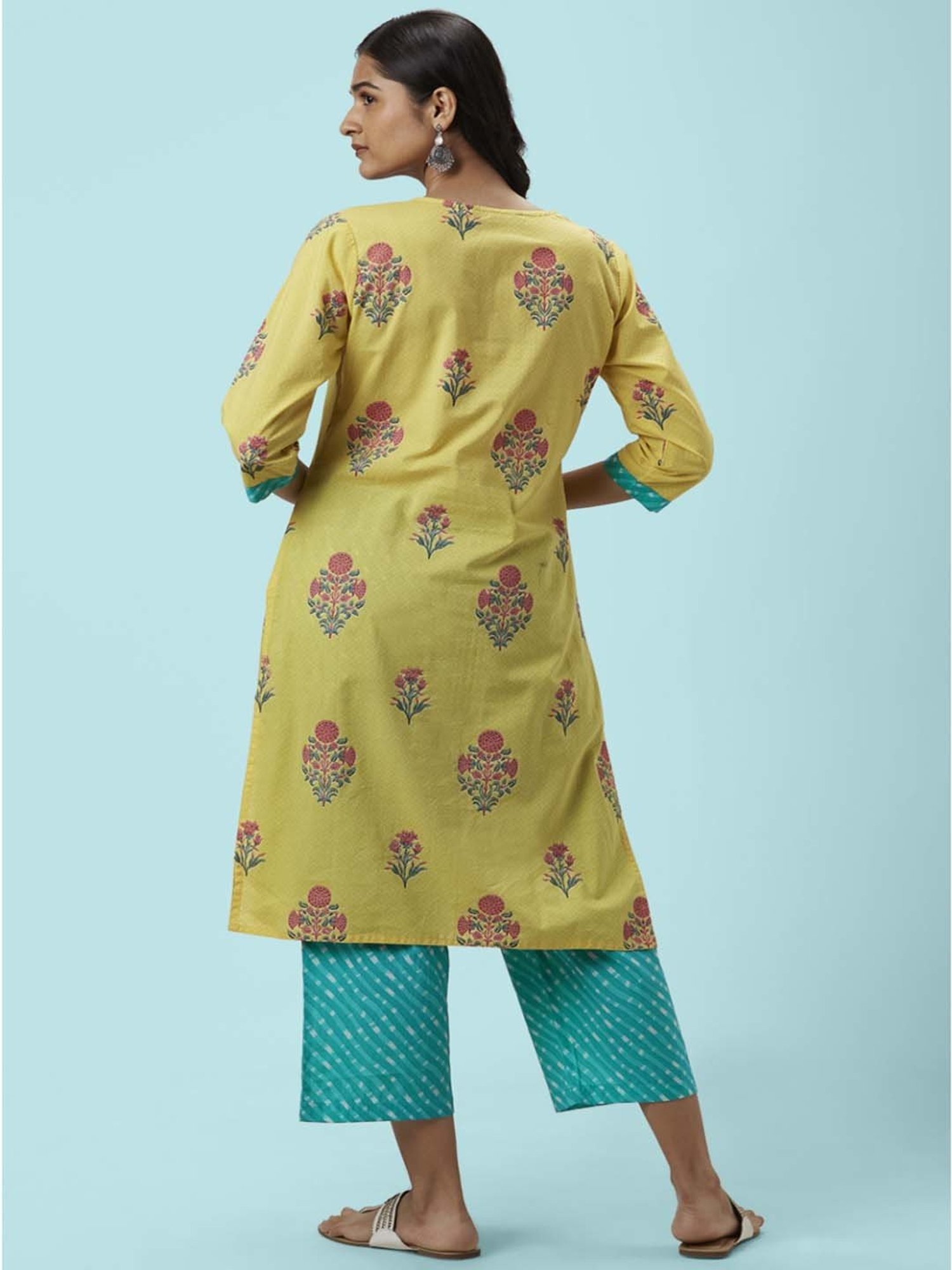 Rangmanch by Pantaloons Yellow & Blue Cotton Floral Print Kurta Palazzo Set