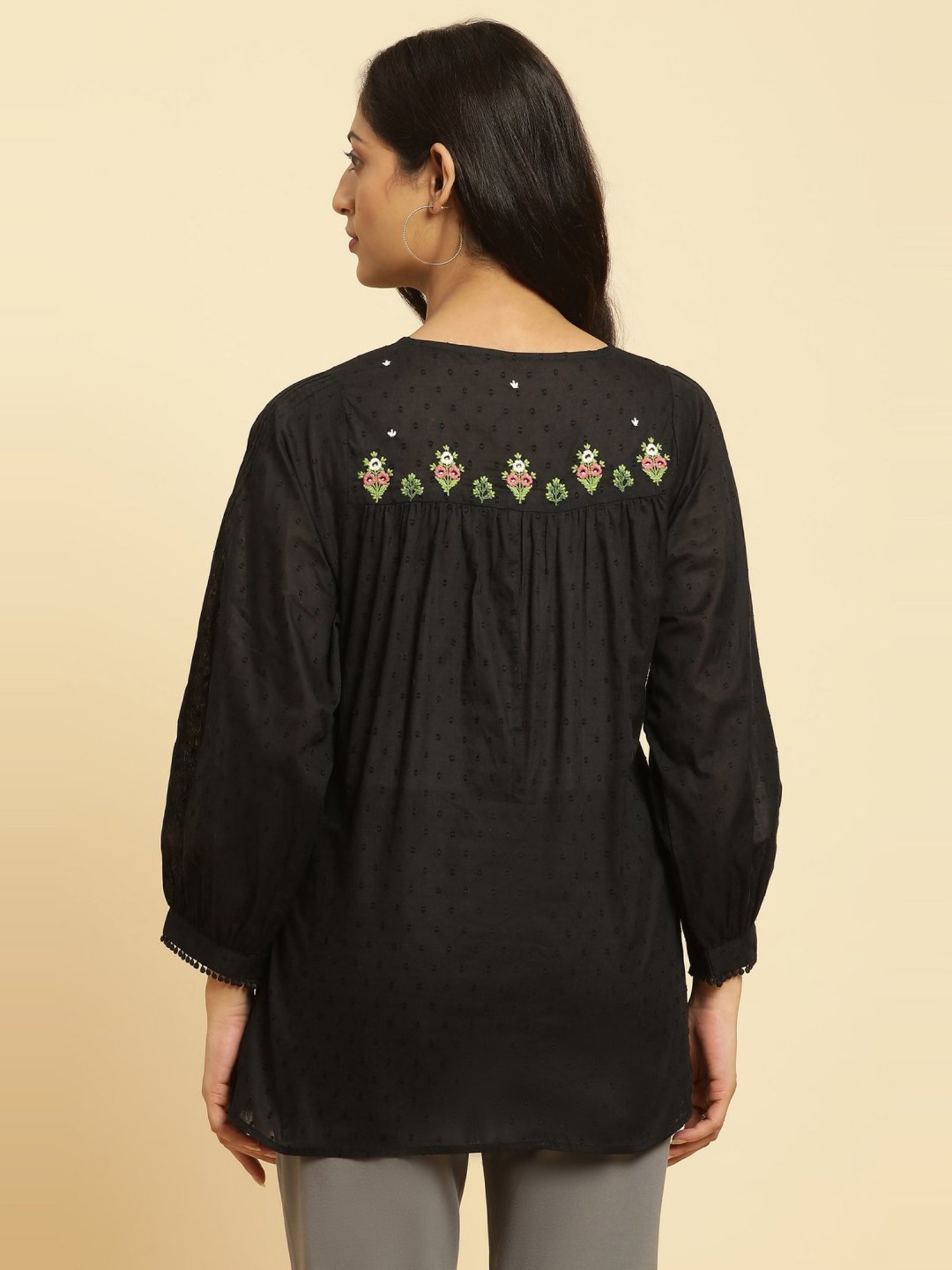 W Black Cotton Embroidered Top
