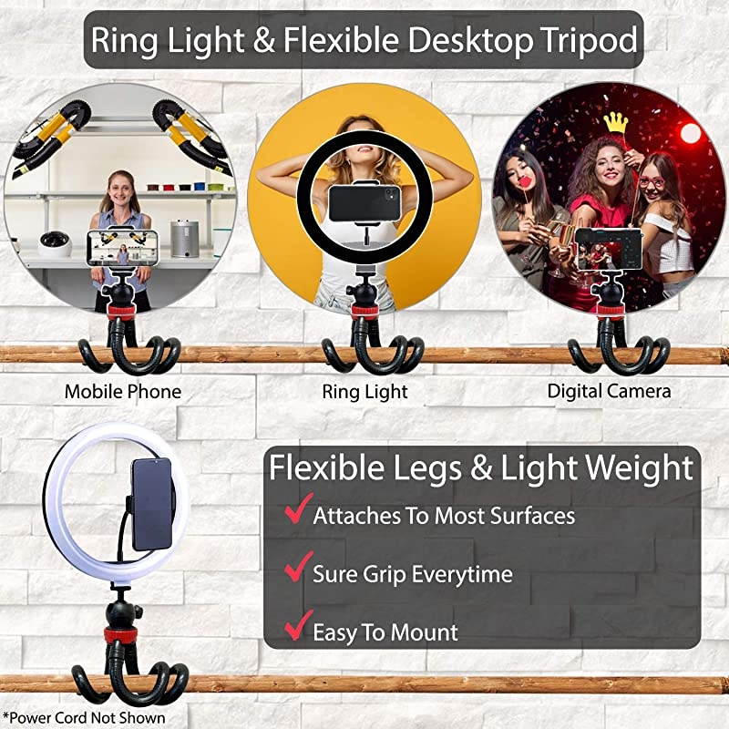 12" LED Selfie Ring Light with Desktop Phone Tripod, Compatible with iPhone & Android, 3 Color Modes, Premium Adjustable Camera Stand, Flexible Legs, Wireless Bluetooth Remote, USB Powered