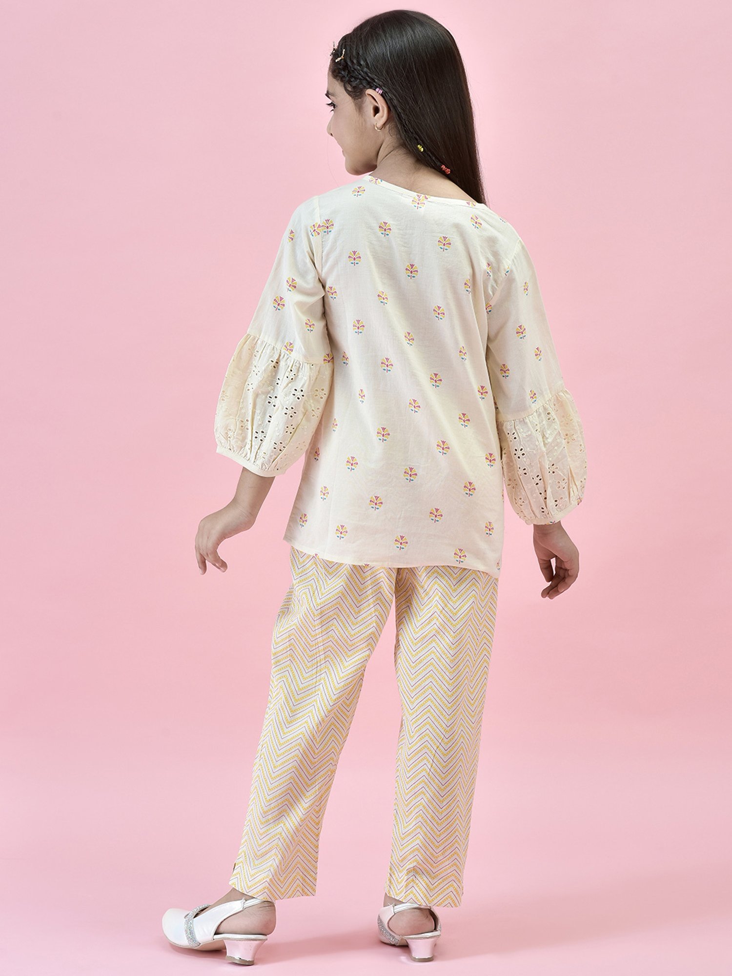 Juniper Girls White Printed Full Sleeves Kurta With Pants