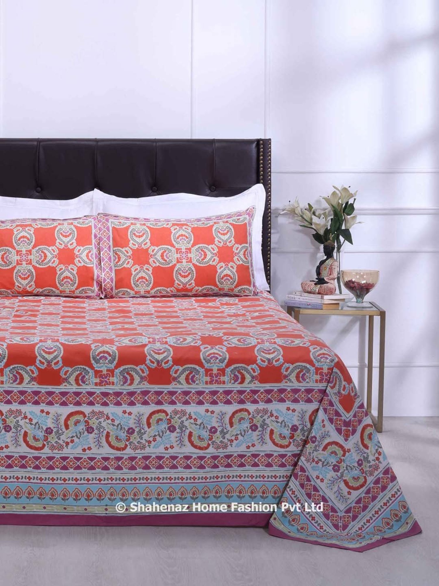 Shahenaz Orange 120 TC Cotton Azia Double Bedsheet with 2 Pillow Covers
