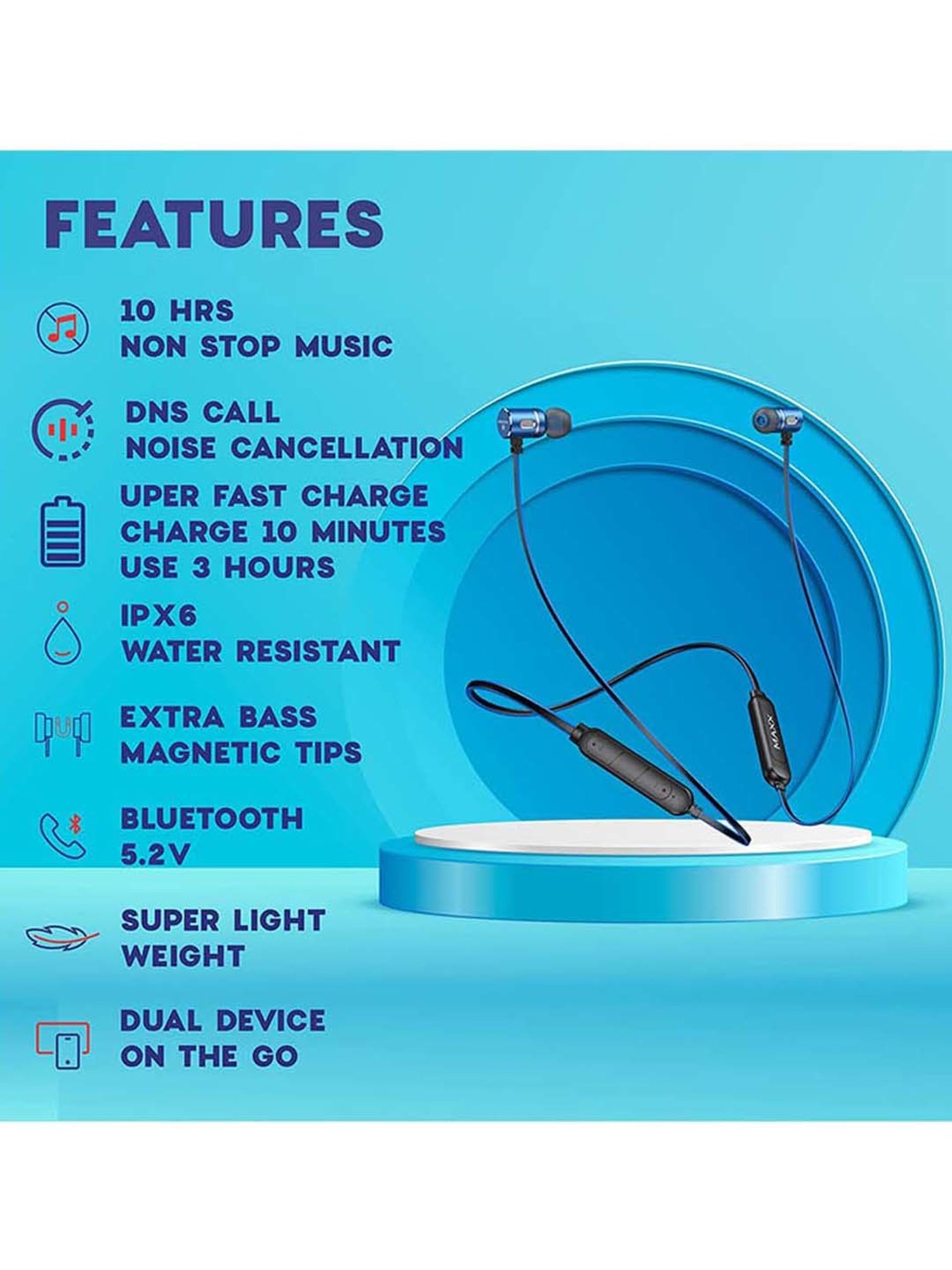 Maxx NX5 Wireless Neckband with Rapid Charge (Black/Blue)