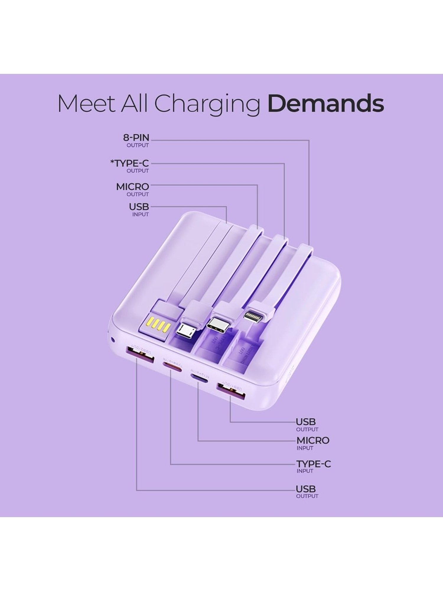 Foxin All-in-One 22.5W QC plus PD 10000 mAh Power Bank with Built-in Charging Cables (Purple)