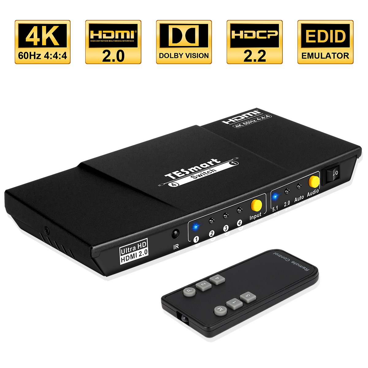TESmart 4x1 HDMI Switch Ultra HD supports 4K@60Hz 4: 4: 4, 4-port HDMI switch 3DTV pass-through, Support S/PDIF and L/R audio out and IR remote control, For Xbox 360/One, PS4/PS3