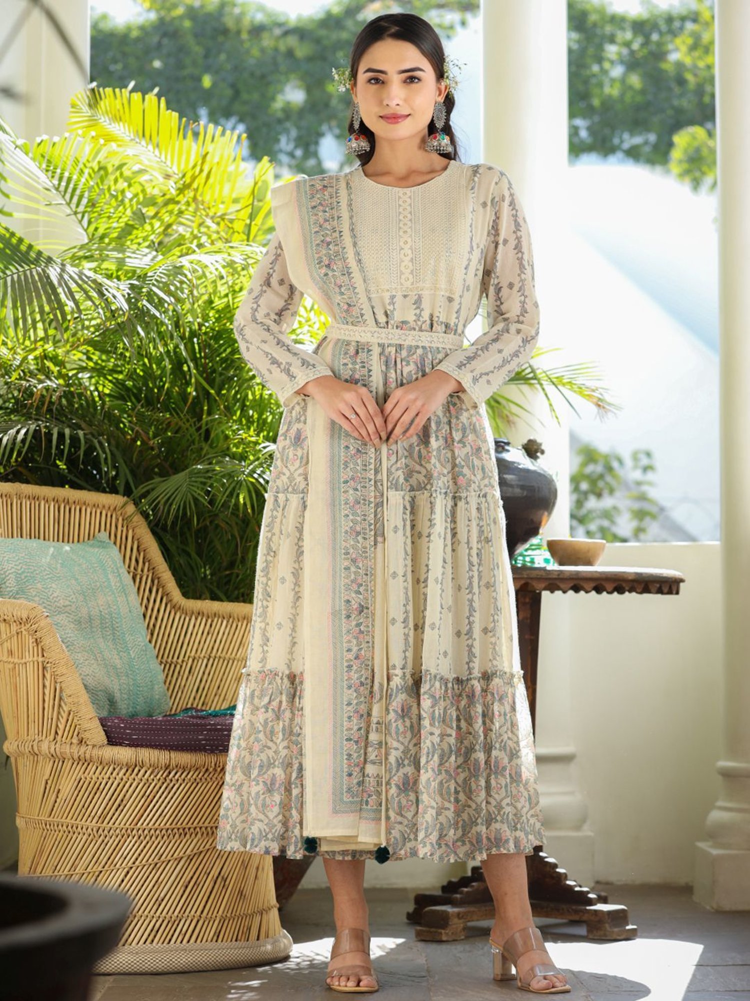 Zolo Label Cream Cotton Embroidery A-Line Dress With Dupatta