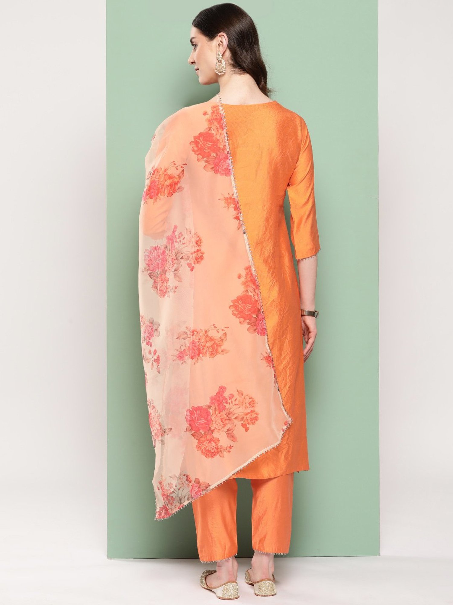 Indo Era Orange Embroidered Kurta With Pant & Dupatta