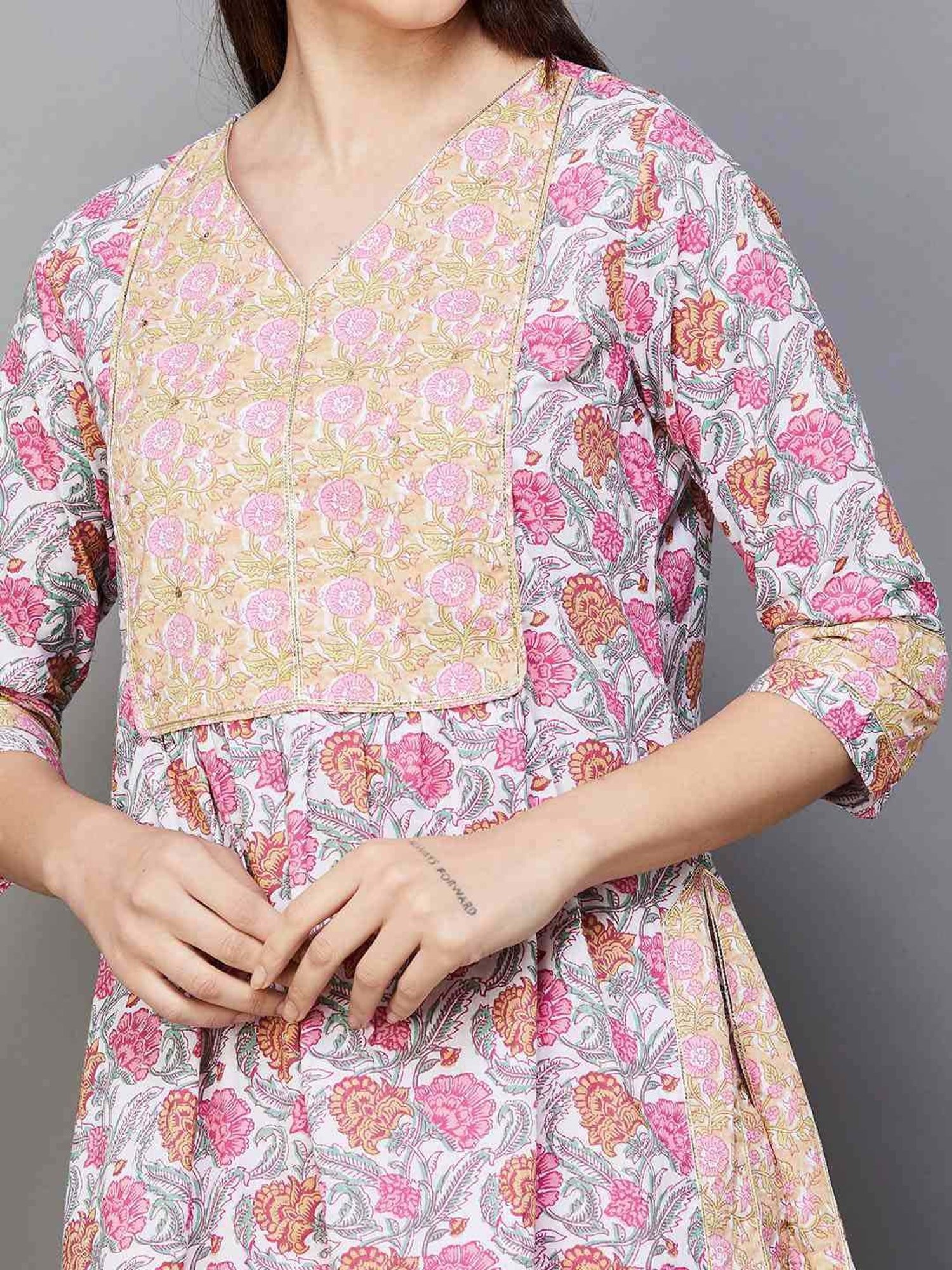 Melange by Lifestyle White & Peach Cotton Printed Kurta Palazzo Set