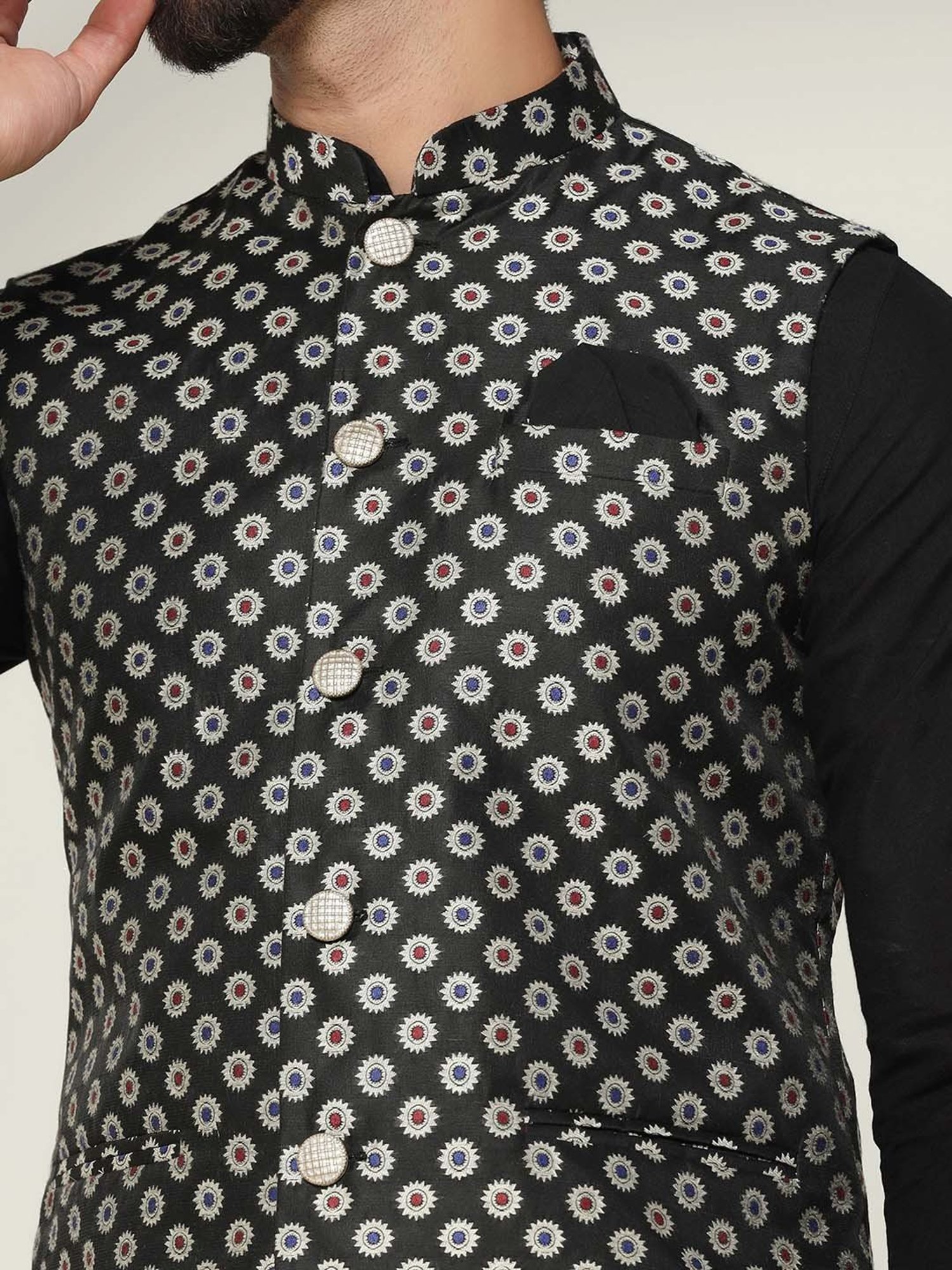 KISAH Black Regular Fit Self Design Nehru Jacket